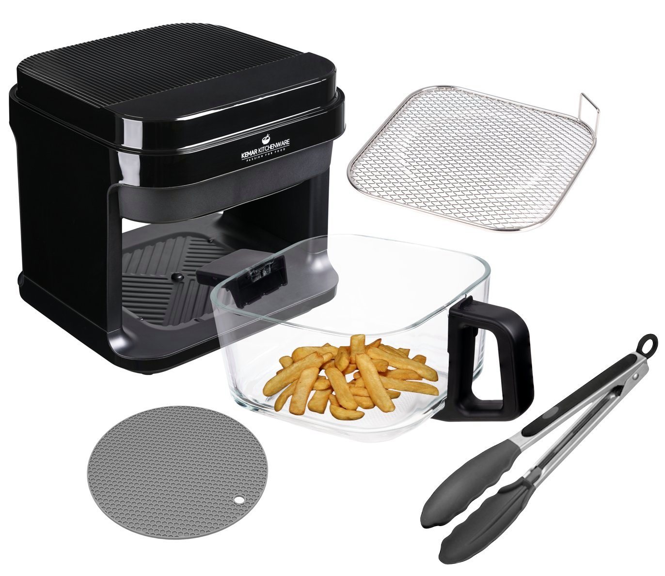 KeMar Kitchenware Heißluftfritteuse, 1200,00 W, Glasbehälter, Edelstahleinsatz, ohne Beschichtung, Zange, Silkonmatte