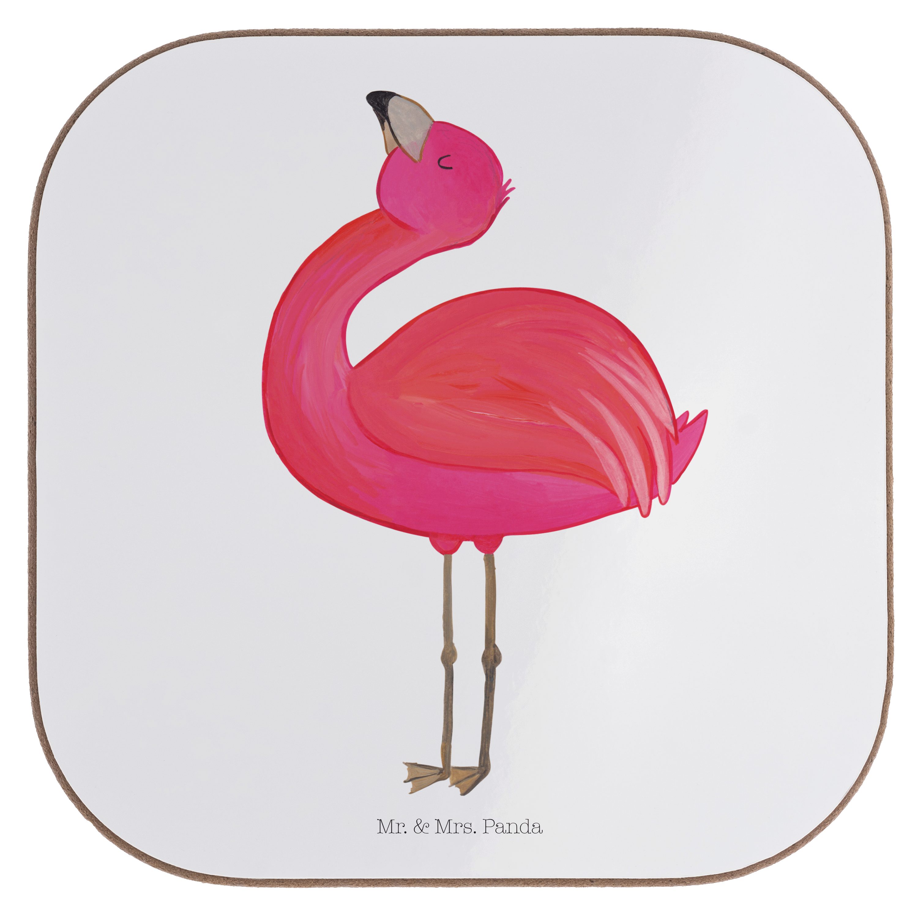 Mr. & Mrs. Panda Getränkeuntersetzer Flamingo stolz - Weiß - Geschenk, zufrieden, Selbstakzeptanz, beste F, 1-tlg.