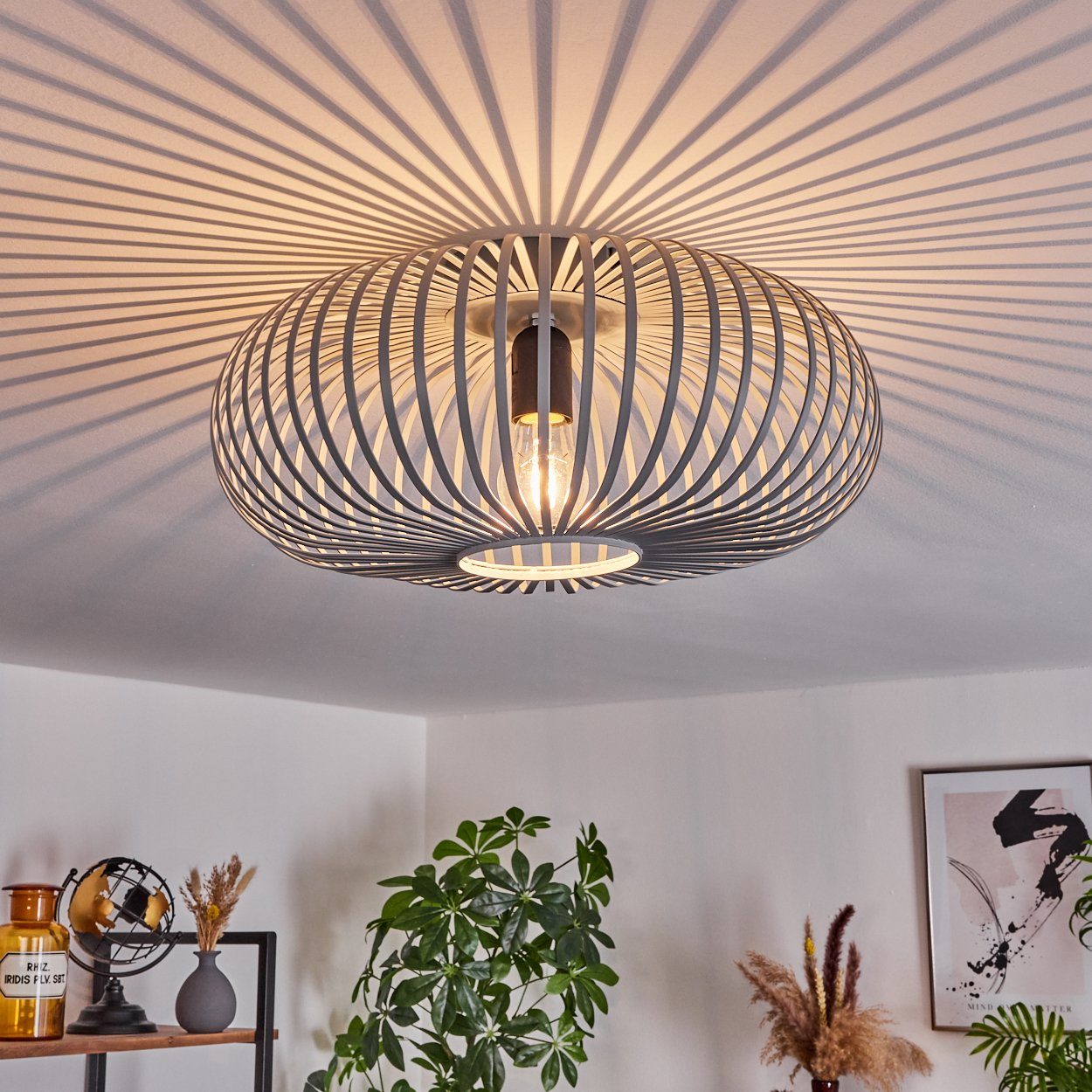 hofstein Deckenleuchte runde Deckenlampe aus Metall in Grau, ohne Leuchtmittel, Retro-mit Lichteffekt durch Gitter-Optik, Ø 40,5cm, E27-Fassung.