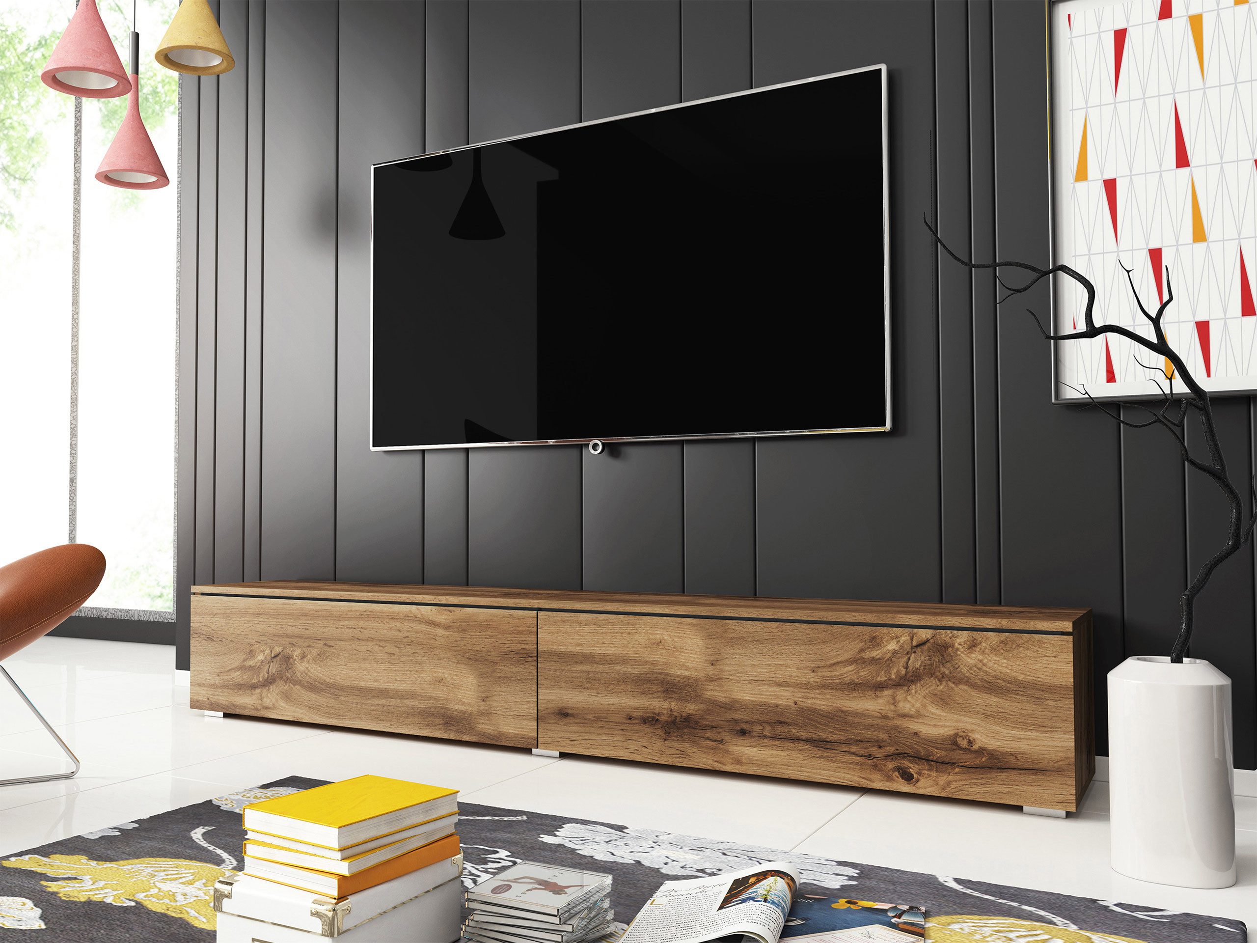 MIRJAN24 TV-Schrank D180 (mit zwei Klappen) LED Beleuchtung als Option, 180x33x30 cm