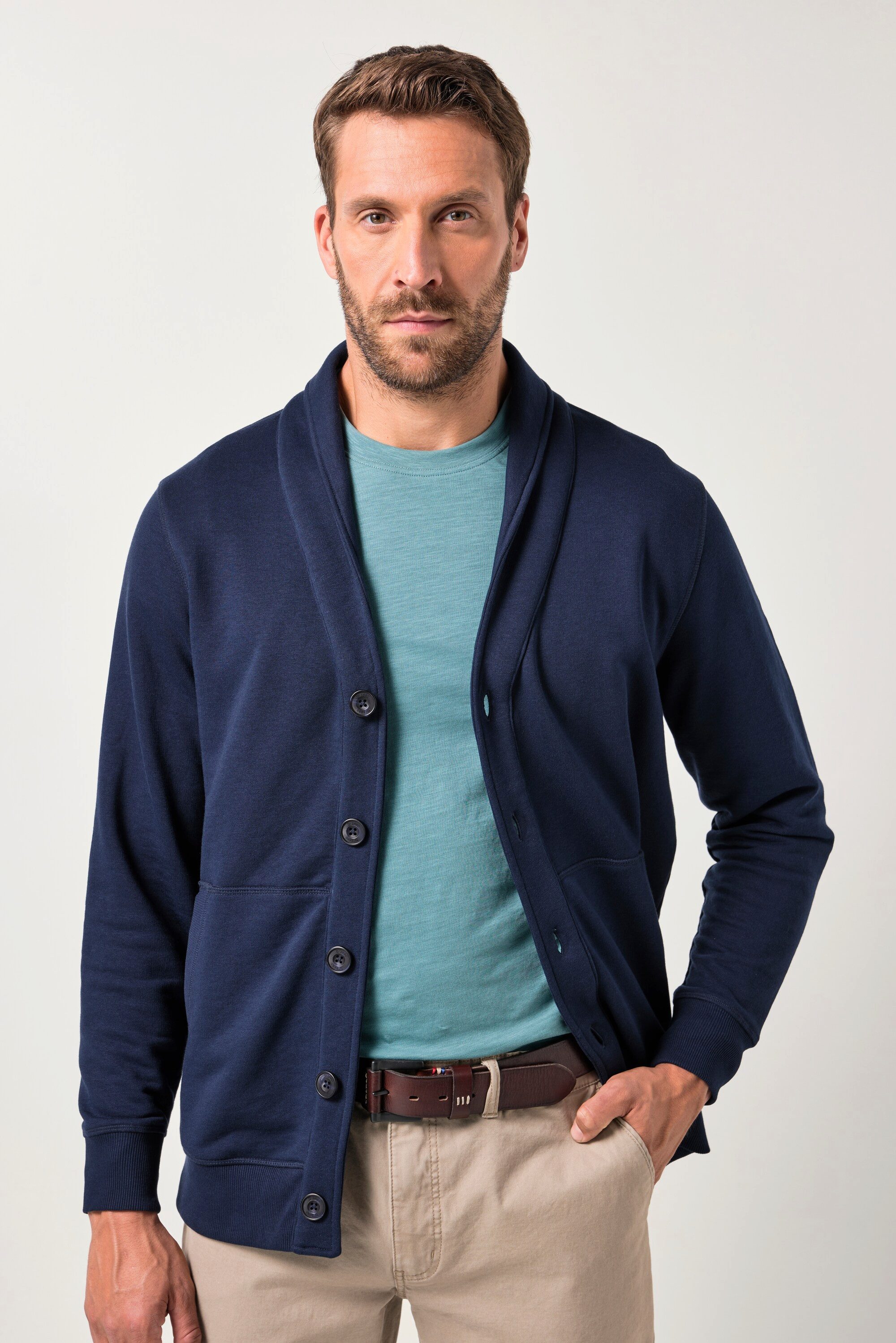 JP1880 Fleecejacke Sweatjacke Schalkragen Knopfleiste Kängurutasche