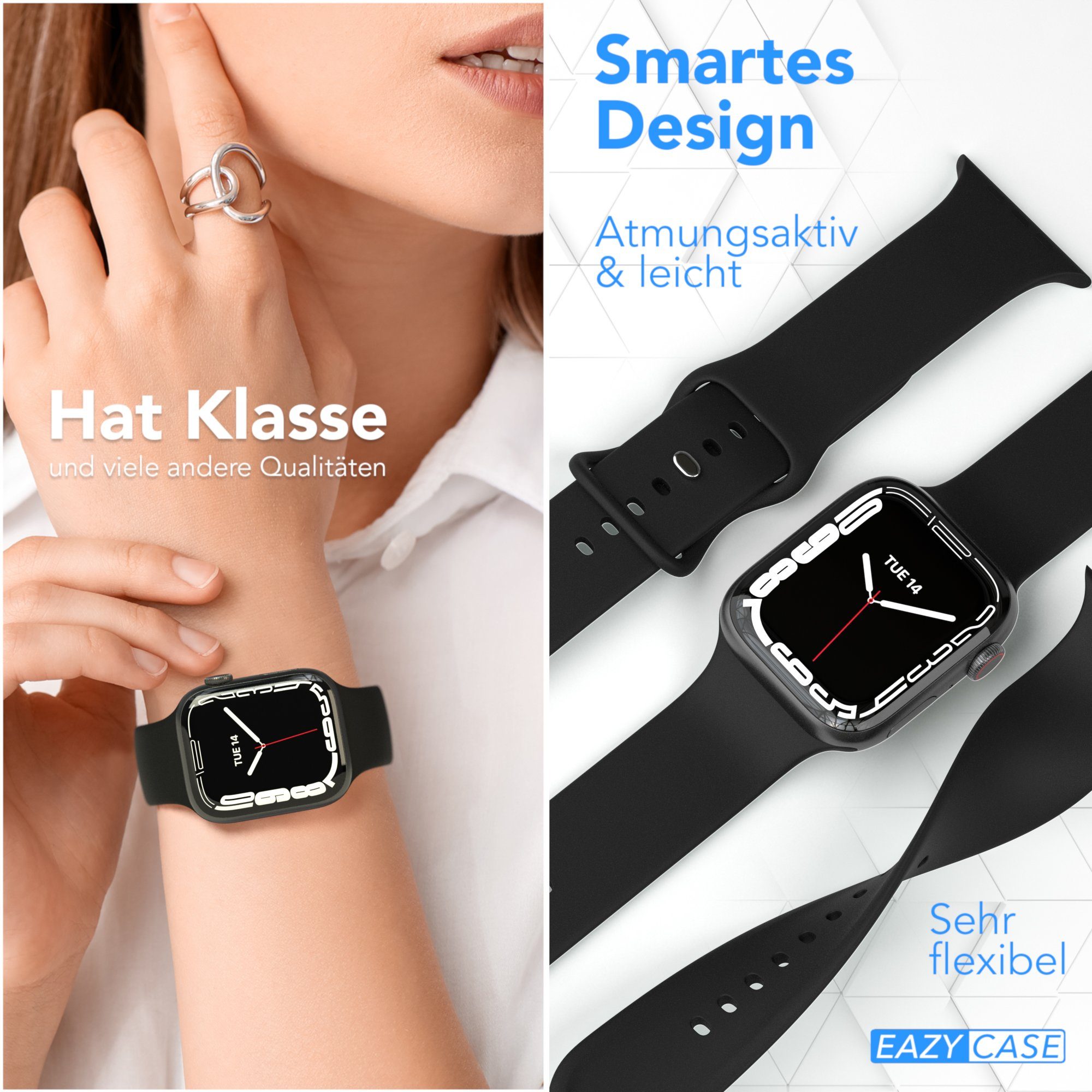 EAZY CASE Smartwatch-Armband Silikon Armband iWatch 11 10 9 8 7 6 5 4 3 2 SE Ultra, Apple Watch Silikon Sportarmband 38-42 mm flexibel Schwarz Outdoor – Bild 4 von 5