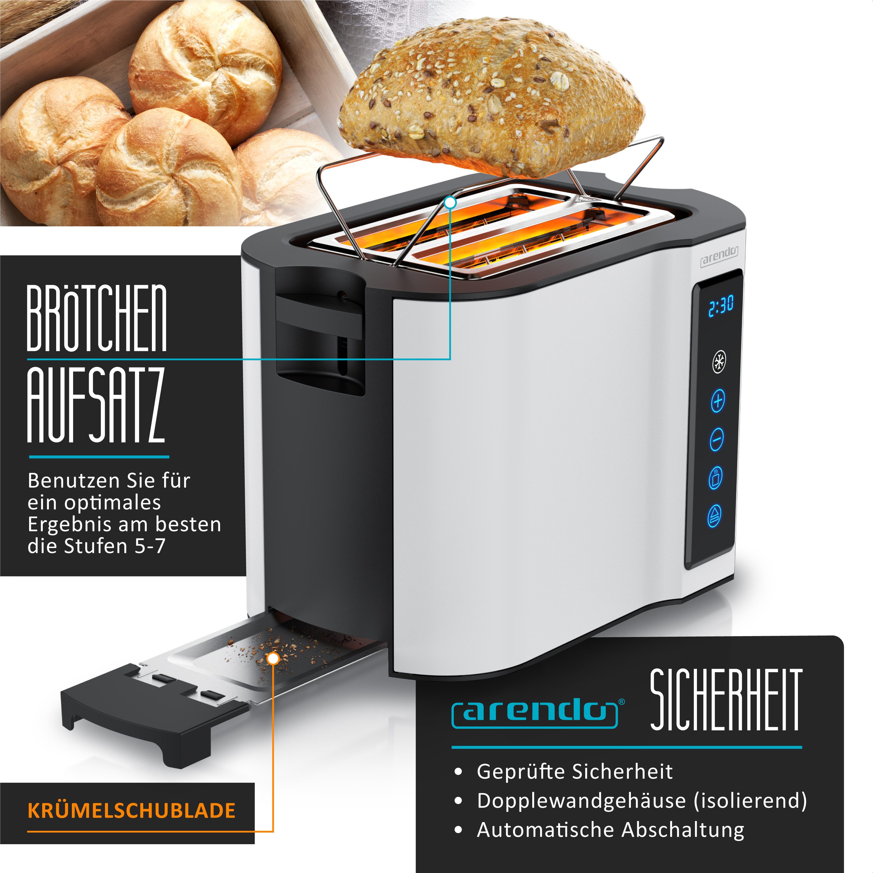 Arendo Toaster 2-Scheiben, Wärmeisoliertes Doppelwandgehäuse, Display Restzeitanzeige, 2 kurze Schlitze, für 2 Scheiben, 800 W, Kurzschlitz, Brötchenaufsatz, 7 Bräunungsgrade, Touchpanel