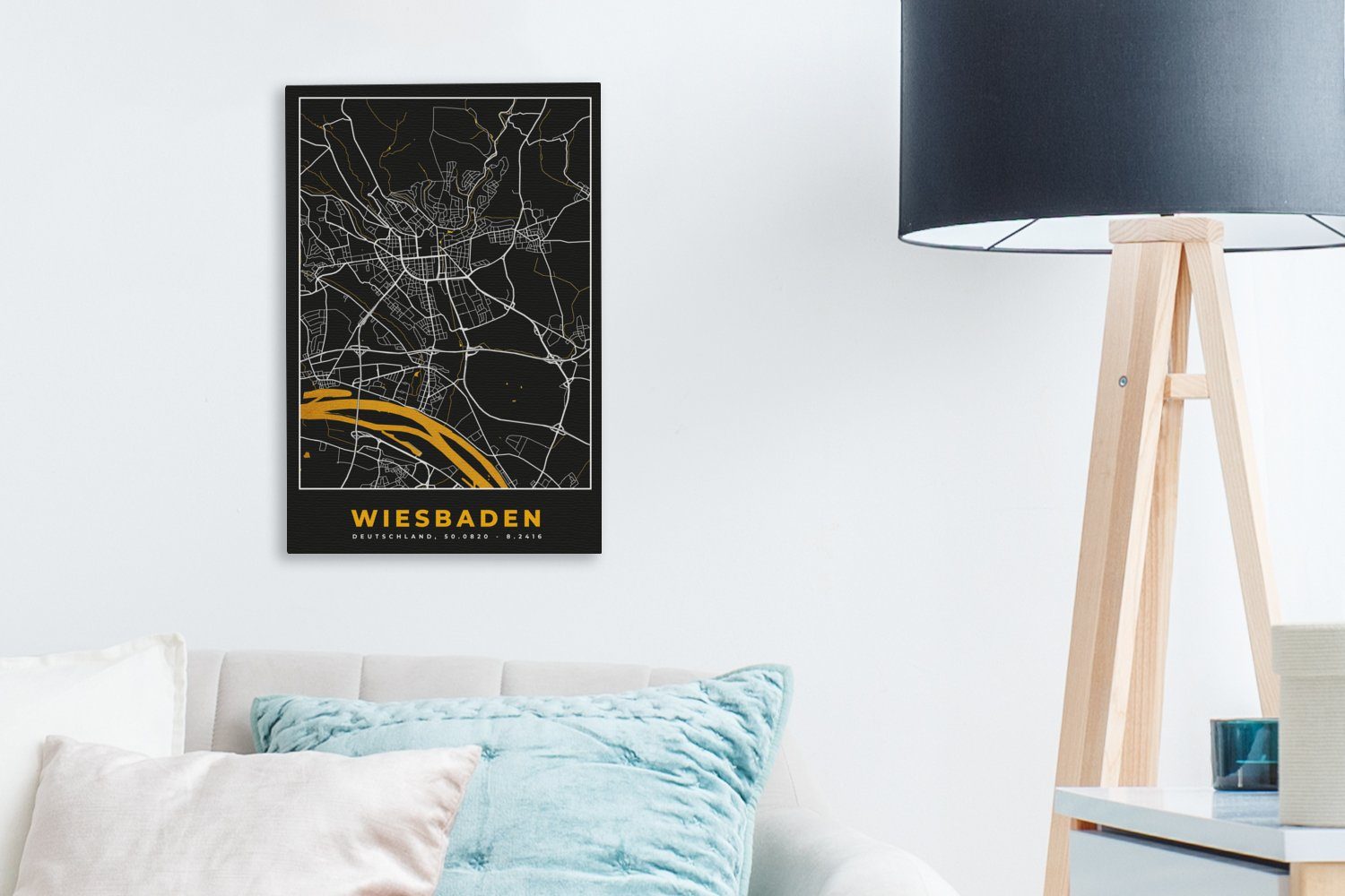 Karte 20x30 Gemälde, - bespannt Leinwandbild (1 - inkl. fertig Deutschland cm Leinwandbild Zackenaufhänger, OneMillionCanvasses® - St), Stadtplan, Wiesbaden Gold -