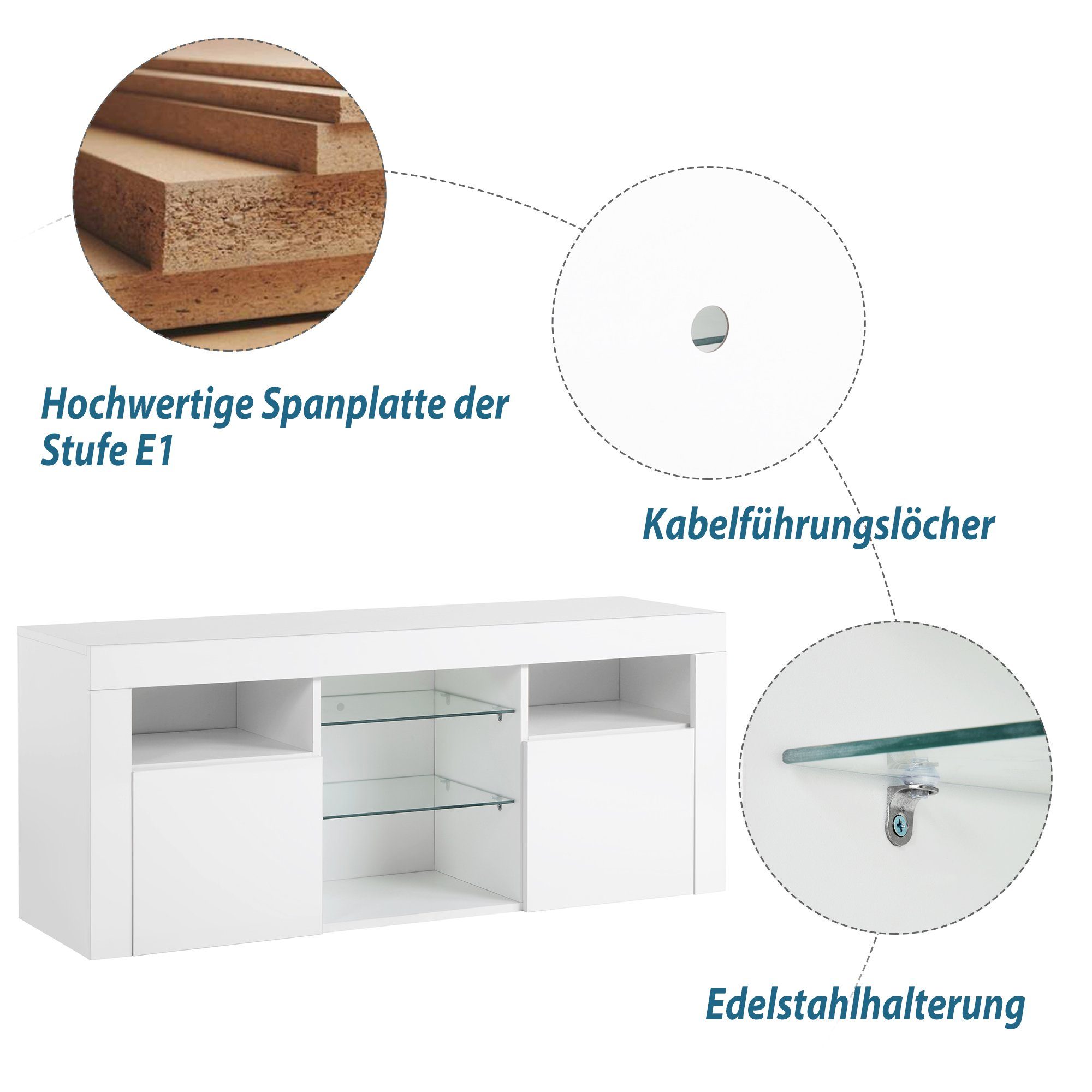 HAUSS SPLOE TV-Schrank LED-TV-Schrank TV-Tisch Zoll Beistellschrank Aufbewahrung) weiß Fernseher, (Hochglanz-TV-Schrank für 120*35*50cm LED-System, 55 Multifunktionale LED-Beleuchtung zu TV-Möbel Sideboard bis 16-farbige Einstellbares