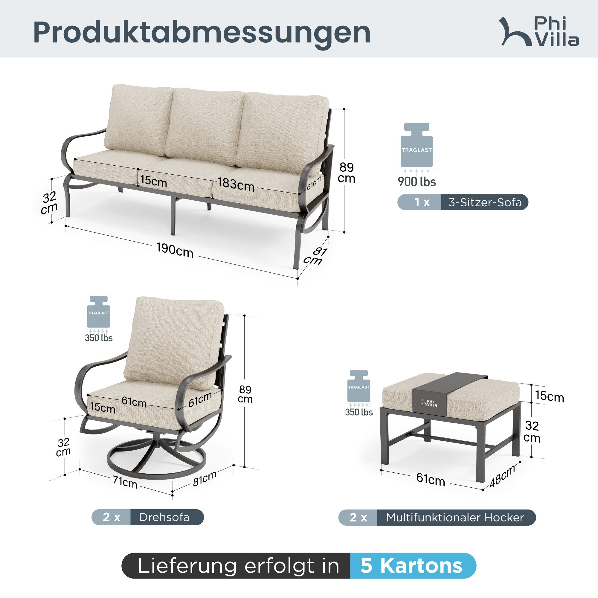 PHI VILLA Gartenlounge-Set, (Balkonmöbel Outdoor Ecksofa, Gartenmöbelsets 7-Sitzer, 5-teiliges Metall Lounge Möbel Outdoor), E-Beschichtung Geschmiedeter Rahmen & Dicke Kissen, Beige