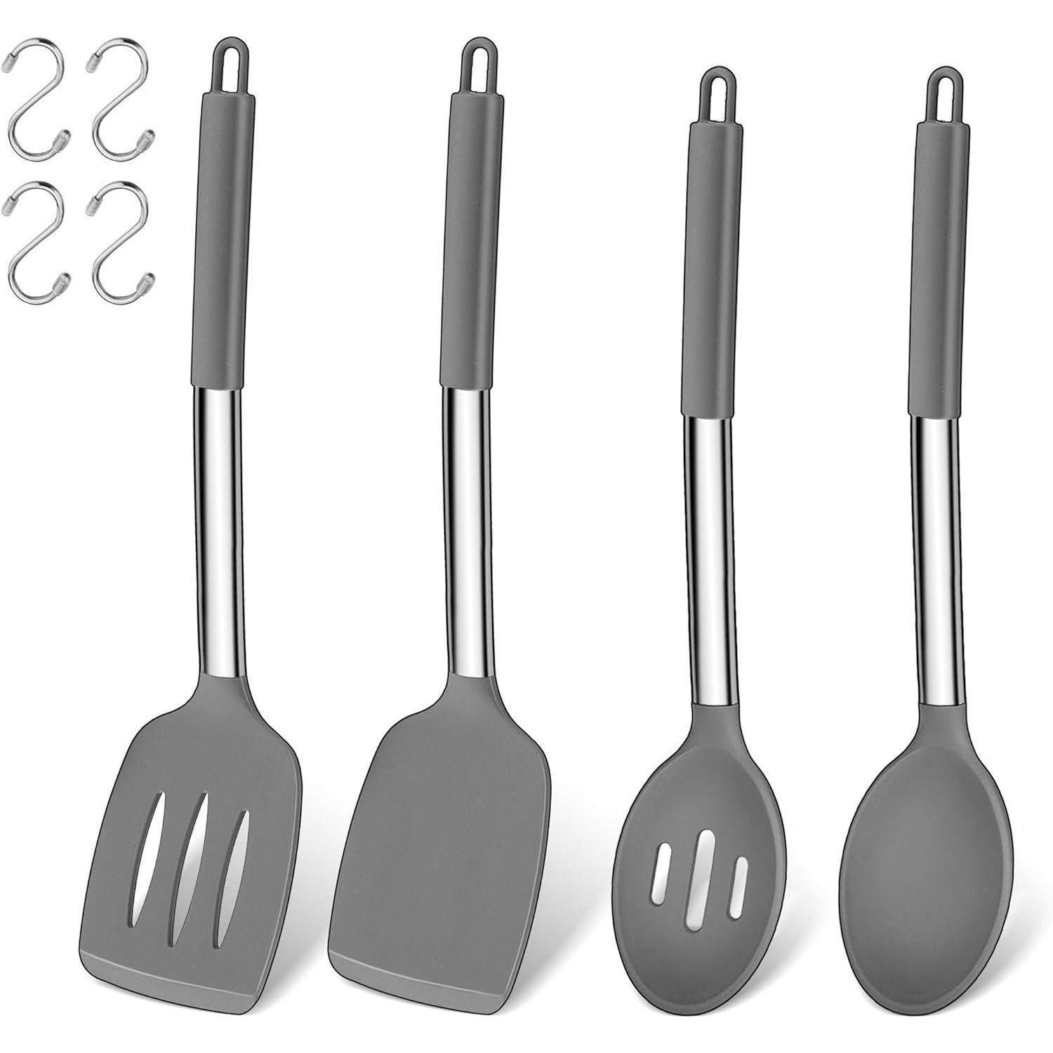 Kochbesteck-Set Küchenhelfer Set 4 Silikon Pfannenwender Kochlöffel Grau