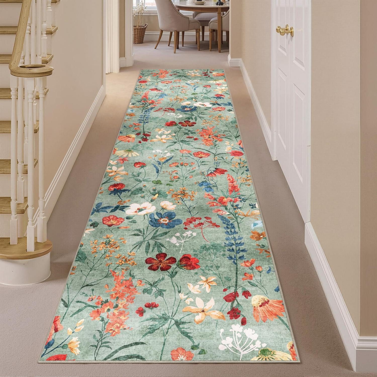 LuxusKollektion Läufer Läufer 80x300 Grün Waschbar Blumenmuster, rechteckig, Höhe: 5 mm