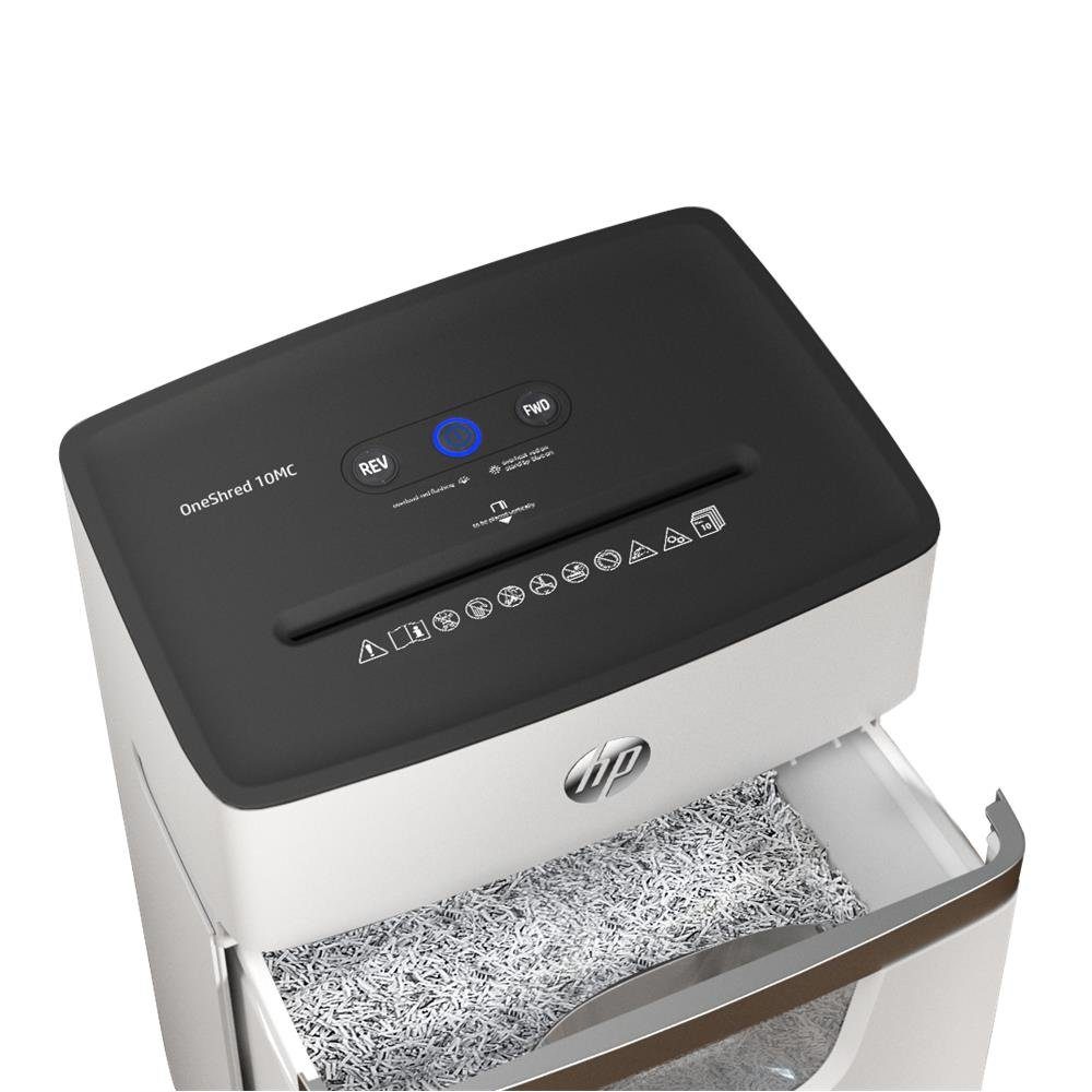 Go Europe Aktenvernichter HP OneShred 10MC, Sicherheitsstufe P-5 Micro Cut 10 Blatt Mikroschnitt 20 L weiß – Bild 5 von 5