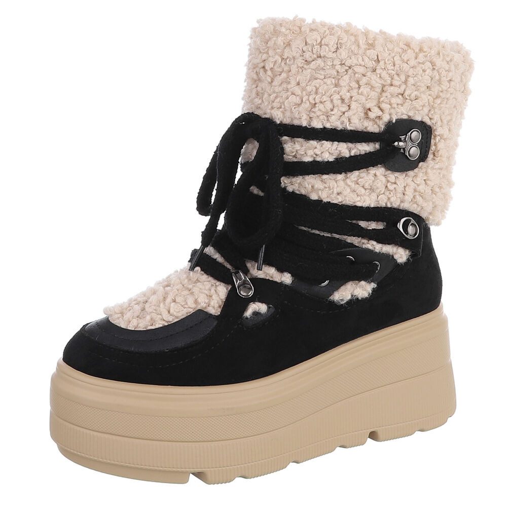 Ital-Design Damen Winterstiefel Teddyoptik Plateau-Sohle geschnürt Snowboots (92799614) Keilabsatz/Wedge Stiefeletten in Schwarz