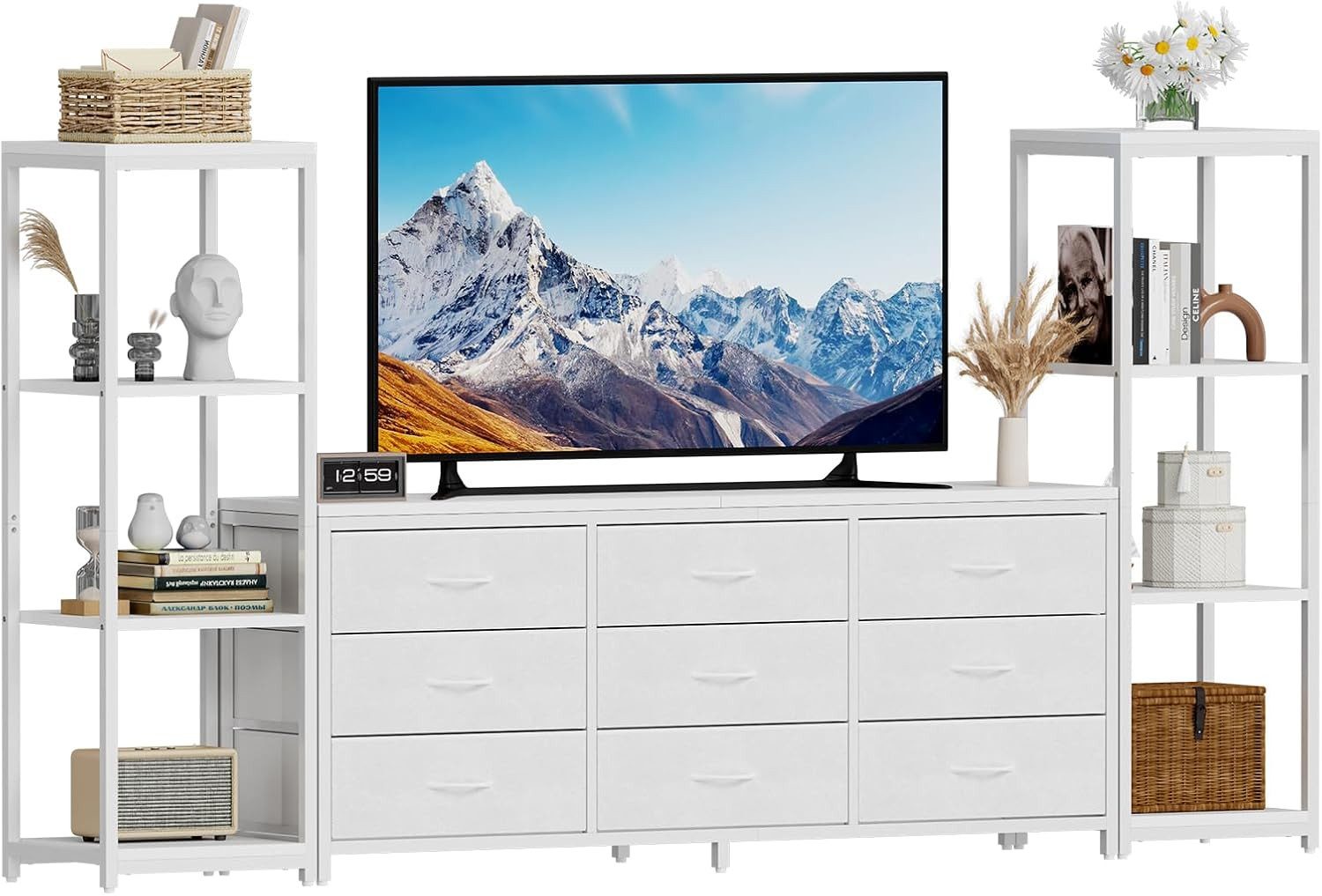 GarveeMore TV-Bank für 75 Zoll Fernseher mit 9 Schubladen & 2 Regalen