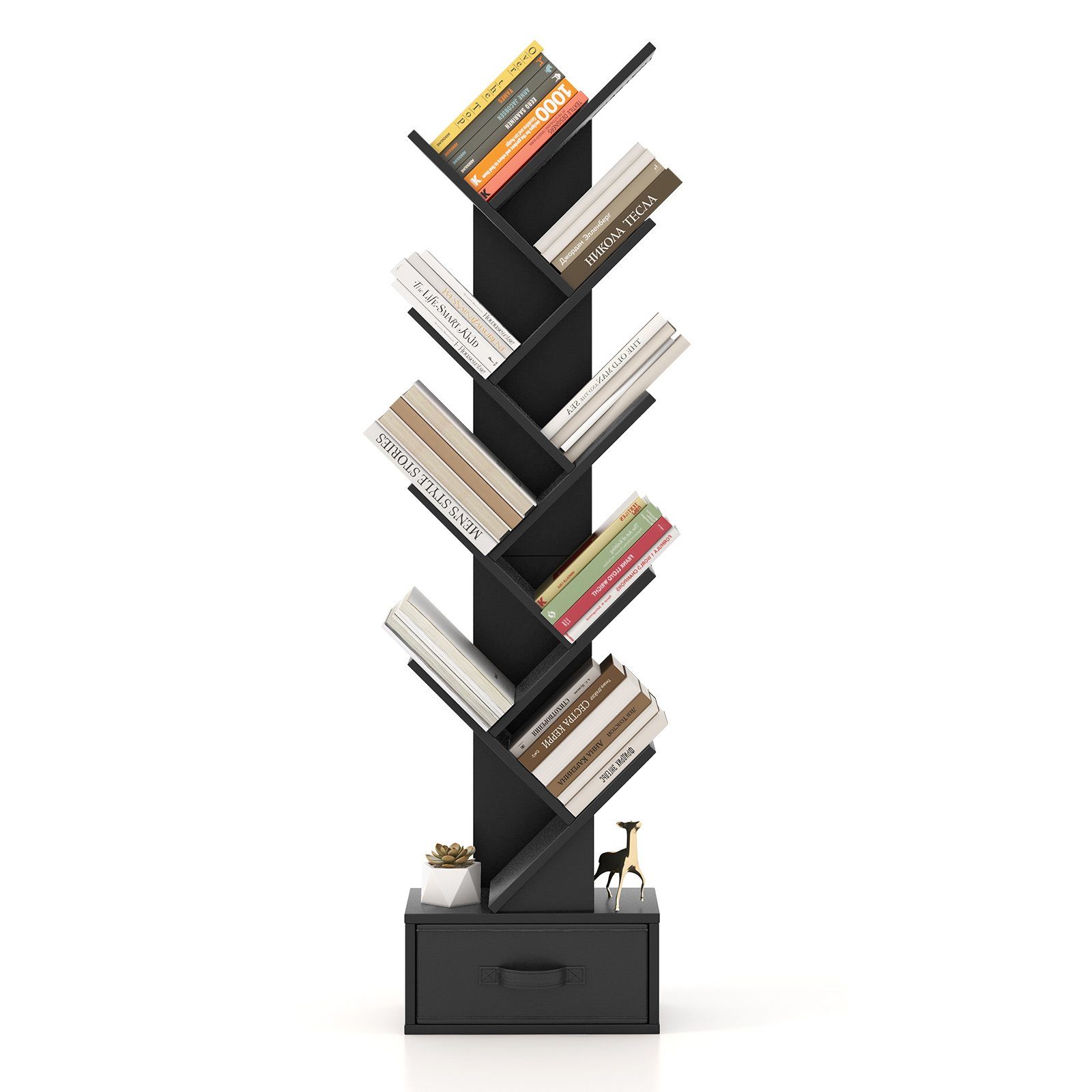 COSTWAY Bücherregal, 8-stöckig, mit Schublade, Baumform, 38x21,5x149,5cm