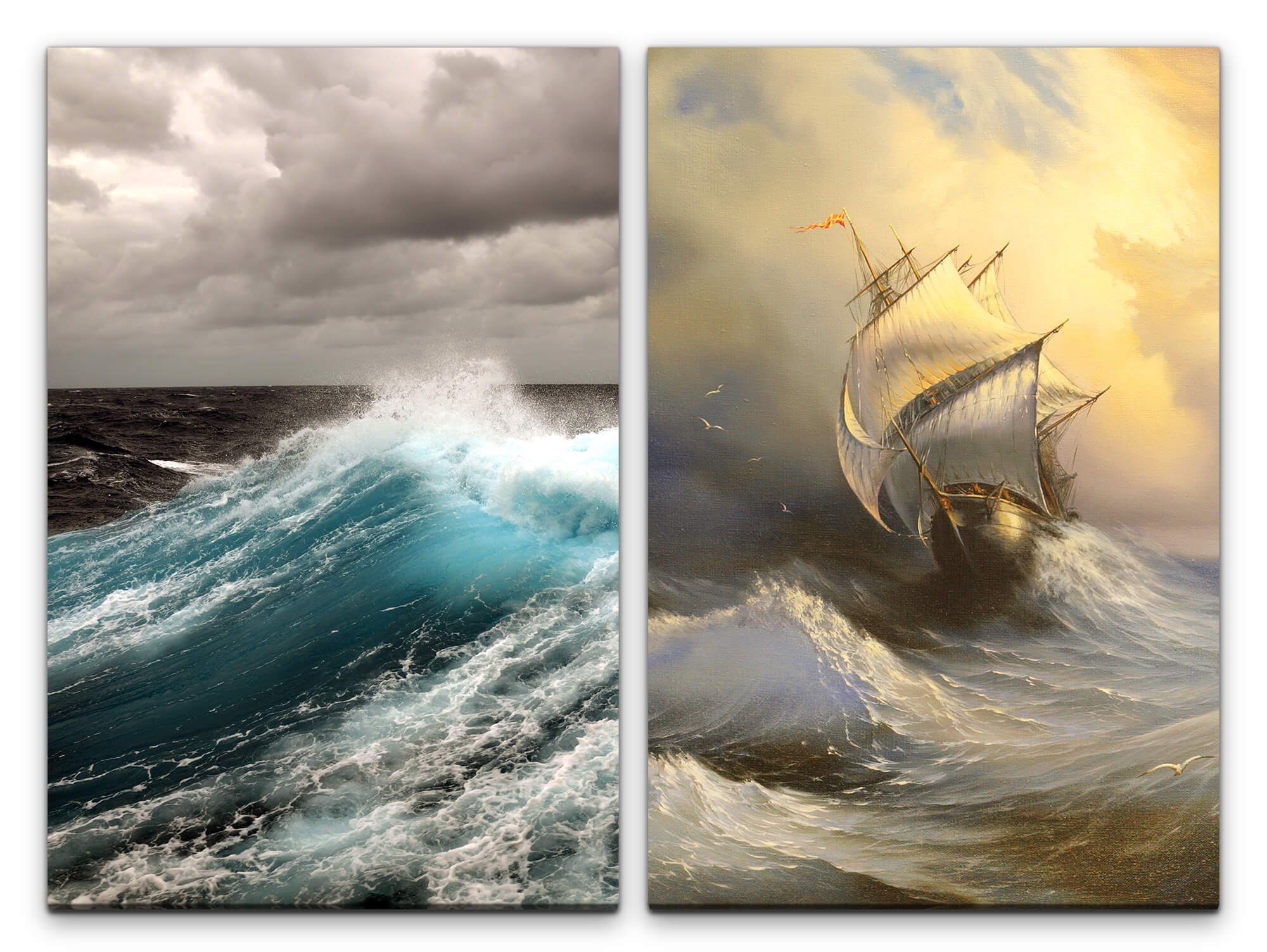 Sinus Art Leinwandbild 2 Bilder je 60x90cm Sturm wilde See altes Segelschiff Ozean Wellen Naturgewalt Kraftvoll