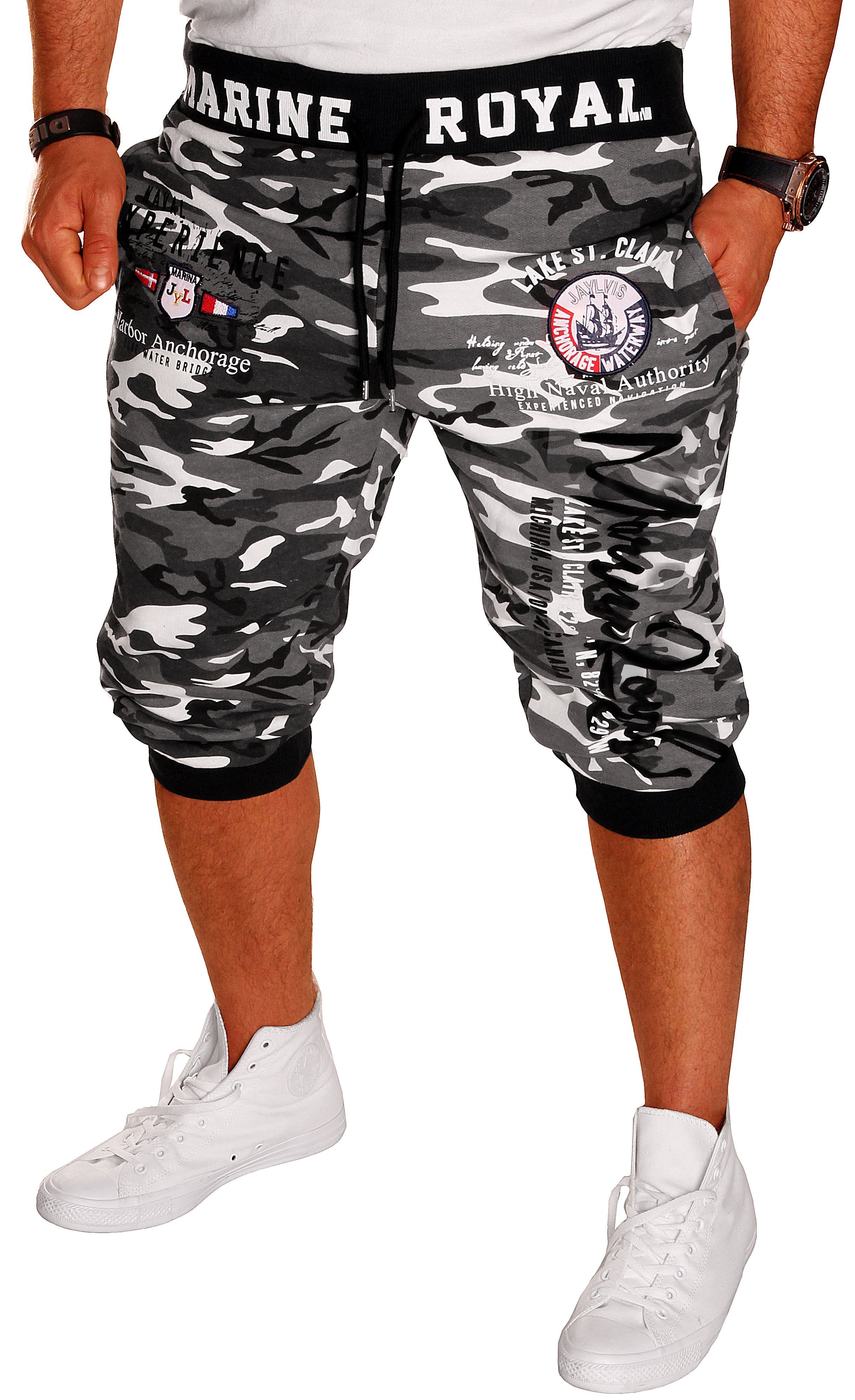 Jaylvis Bermudas Herren Short 3/4 Hose Kurze Jogginghose Sport Marine Royal Camouflage/Hell-Schwarz