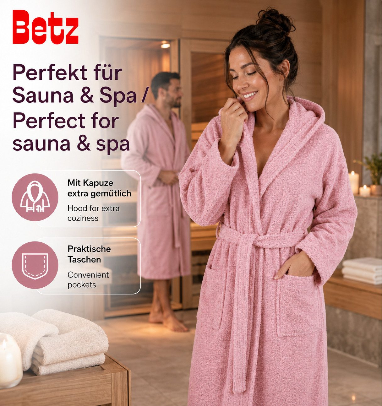 Betz Bademantel Saunamantel mit Kapuze BERLIN für Herren und Damen, Wadenlang, 100% Baumwolle, Kapuze, gürtel