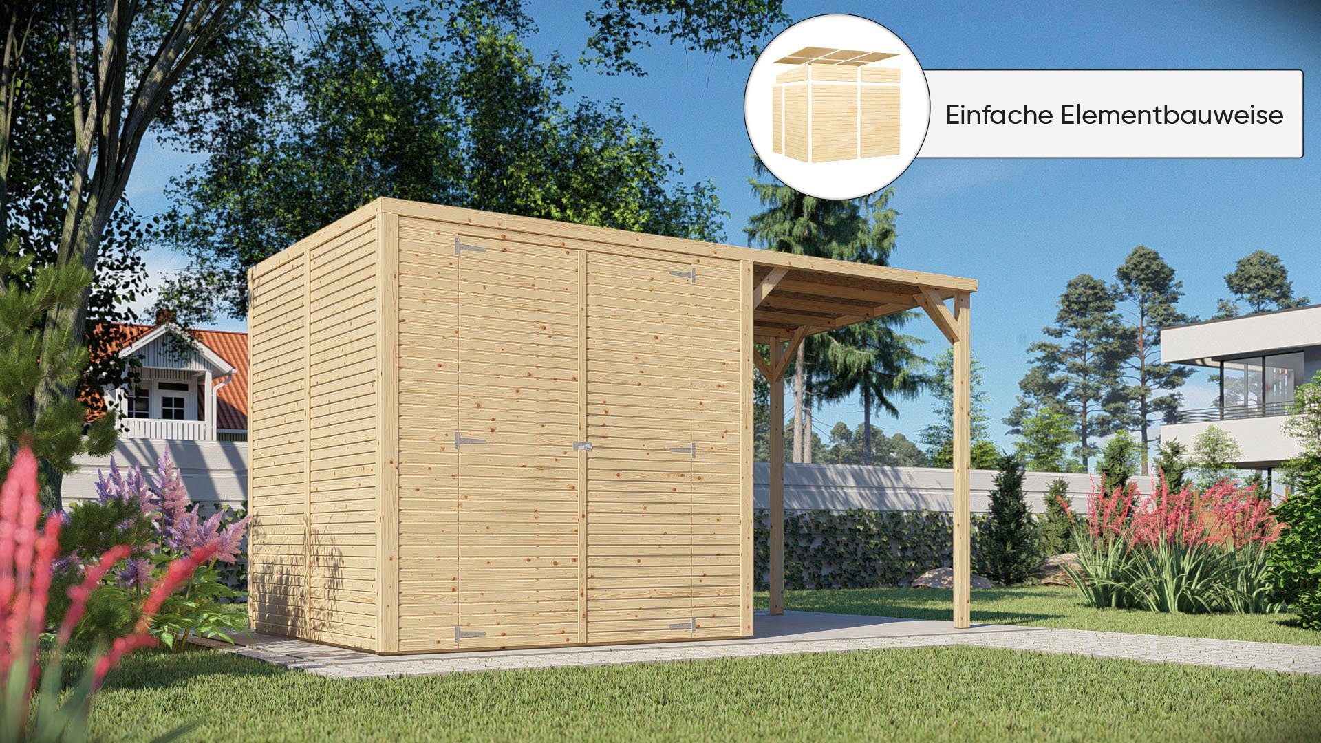 KONIFERA Gartenhaus Beno 3 PLUS Fineline Flachdach, BxT: 373x211 cm, mit Anbaudach