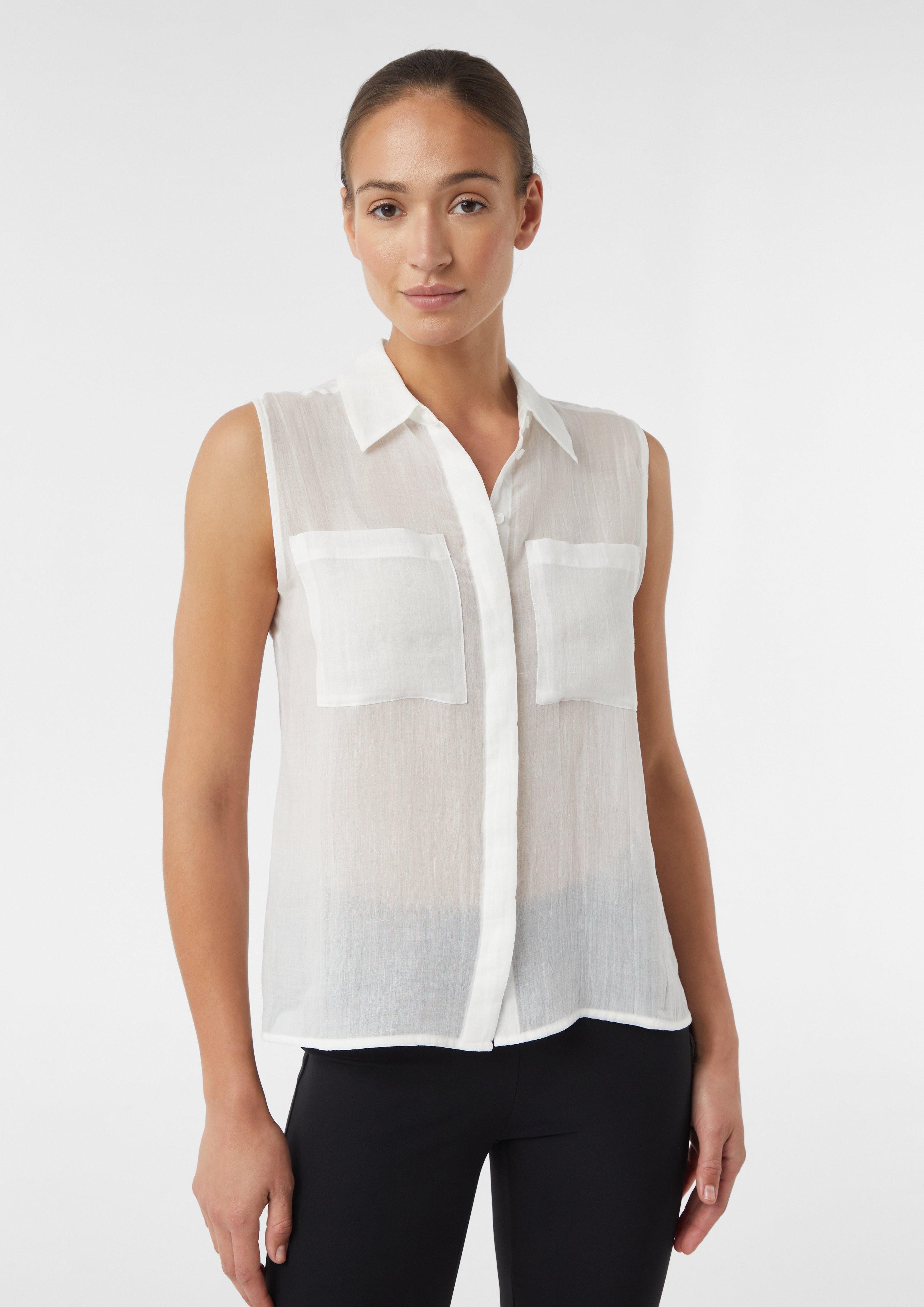 Blusentop Ärmellose Ramie-Bluse mit aufgesetzten Taschen
