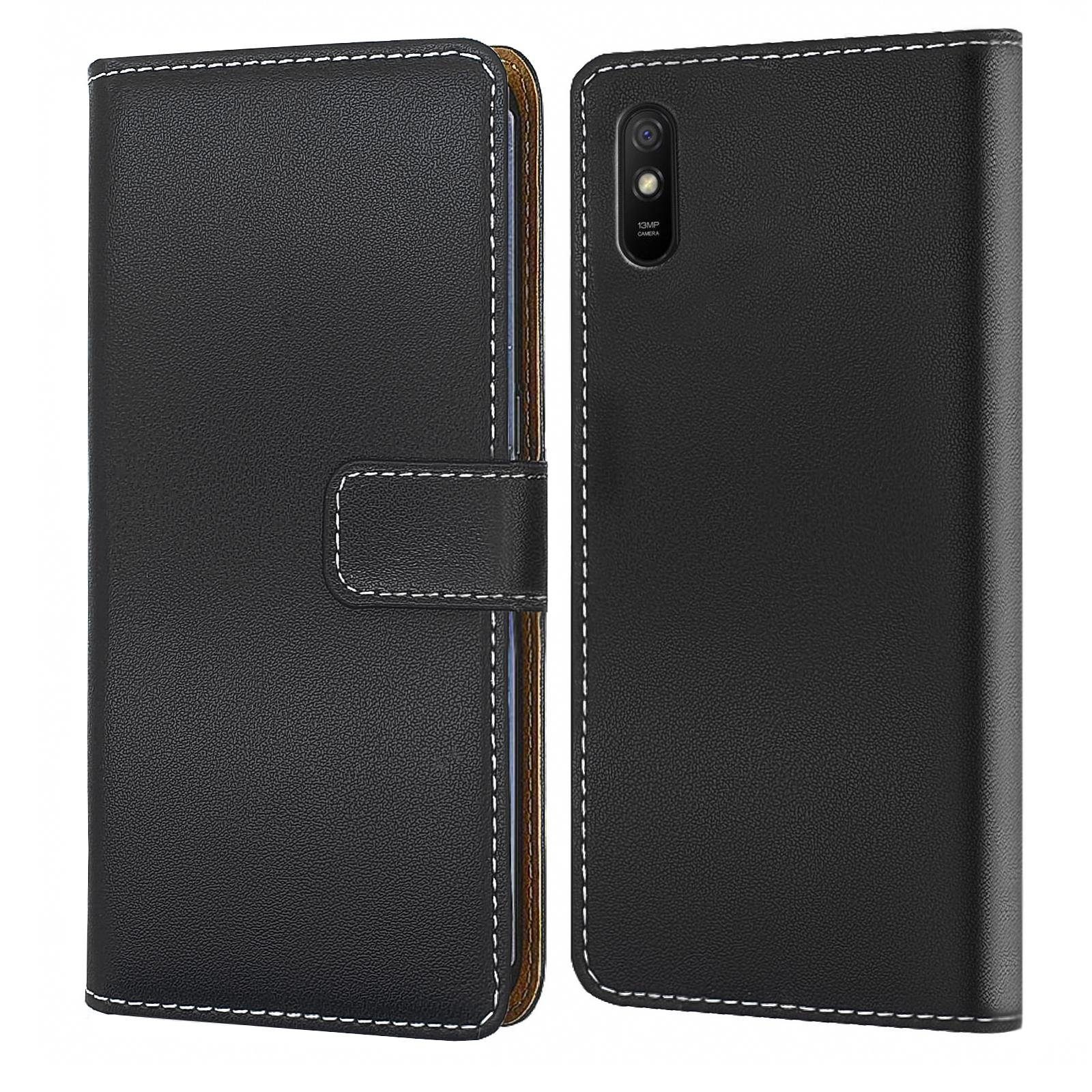 Numerva Handyhülle Bookstyle Etui Handytasche Schutzhülle für Xiaomi Redmi 9A, Klapphülle Flip Cover Schwarz