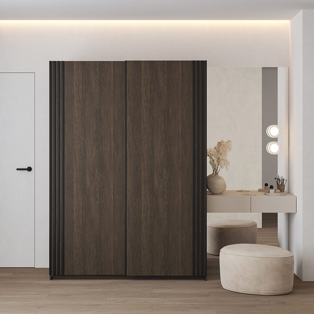 Lomadox Schwebetürenschrank NOIDA-83 150 cm breit, 2 Schwebetüren, dunkle Eiche