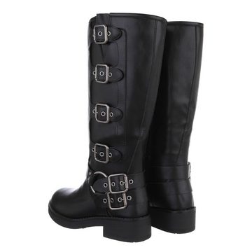 Ital-Design Damen Bikerschuhe Biker Westernstiefel Blockabsatz Flache Stiefel in Schwarz