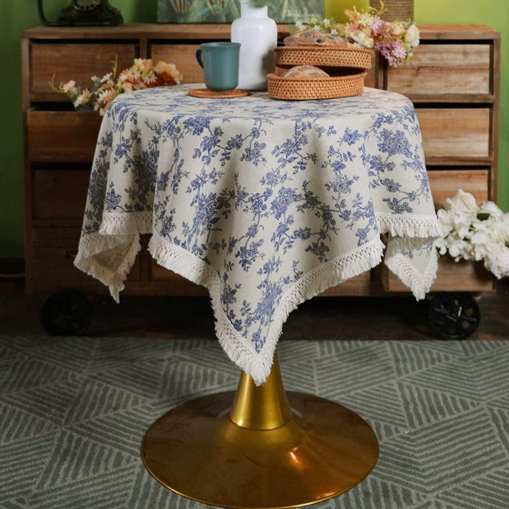 FELIXLEO Tischdecke Tablecloth Embroidered Kitchen Border 150x150cm Lace Tablecloth Blue
