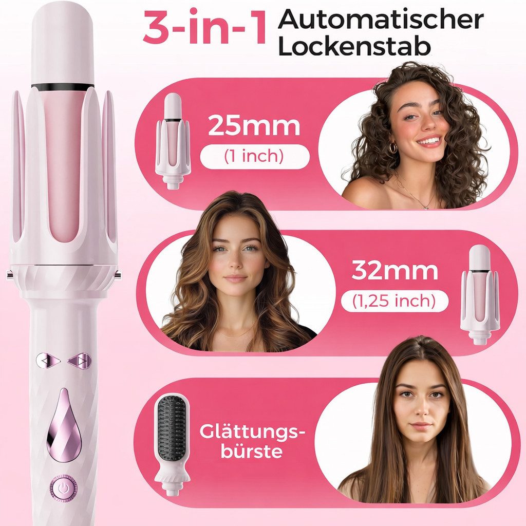 poweradd pro Lockenstab 3-in-1 Automatischer Lockenstab mit Rotationsfunktion, Keramikbeschichtet, Ionen-Technologie, Bidirektional, 28 mm & 32 mm