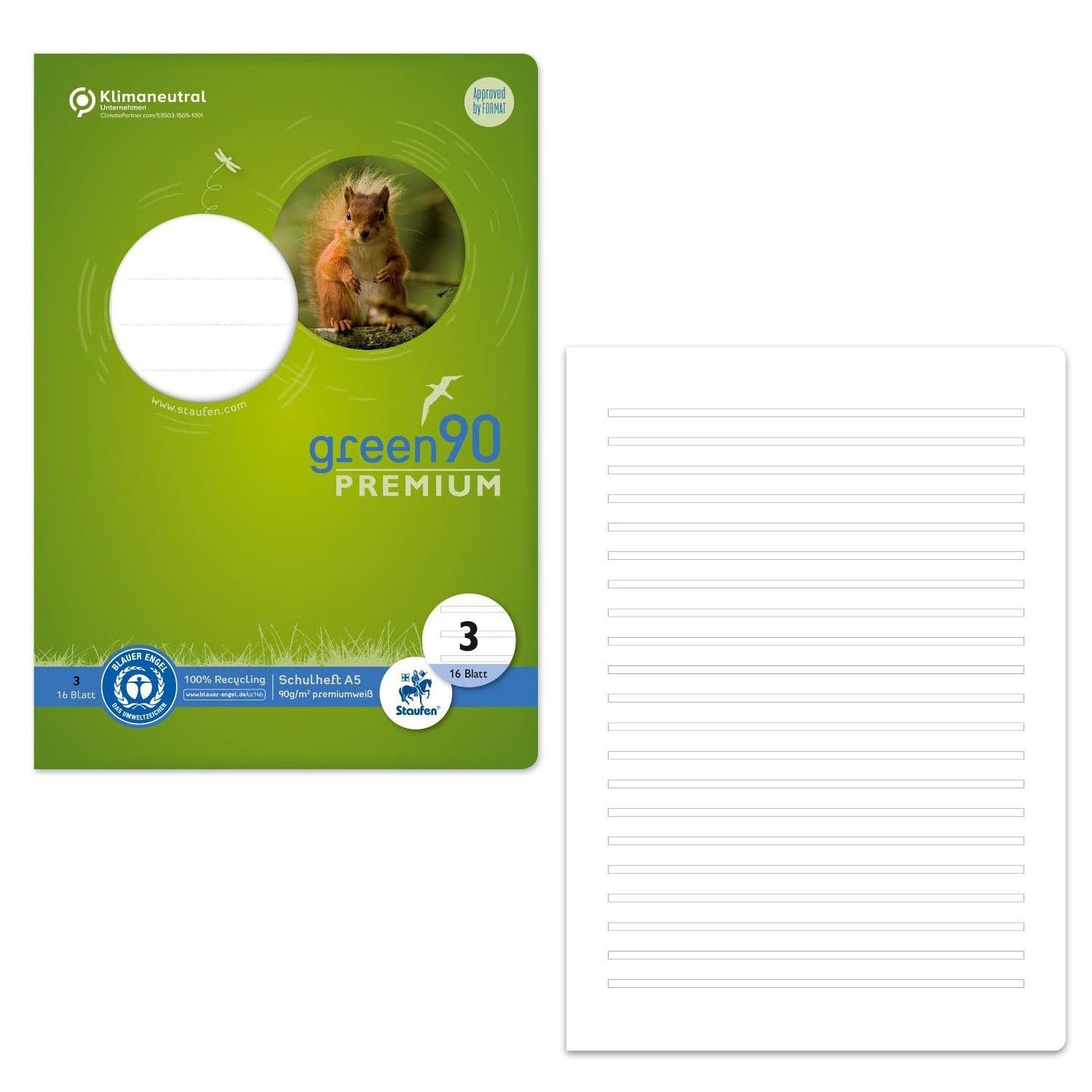 Staufen Schulheft STAUFEN Green Schulheft Lin3 A5 16 Blatt 90g/qm 14 Doppellinien