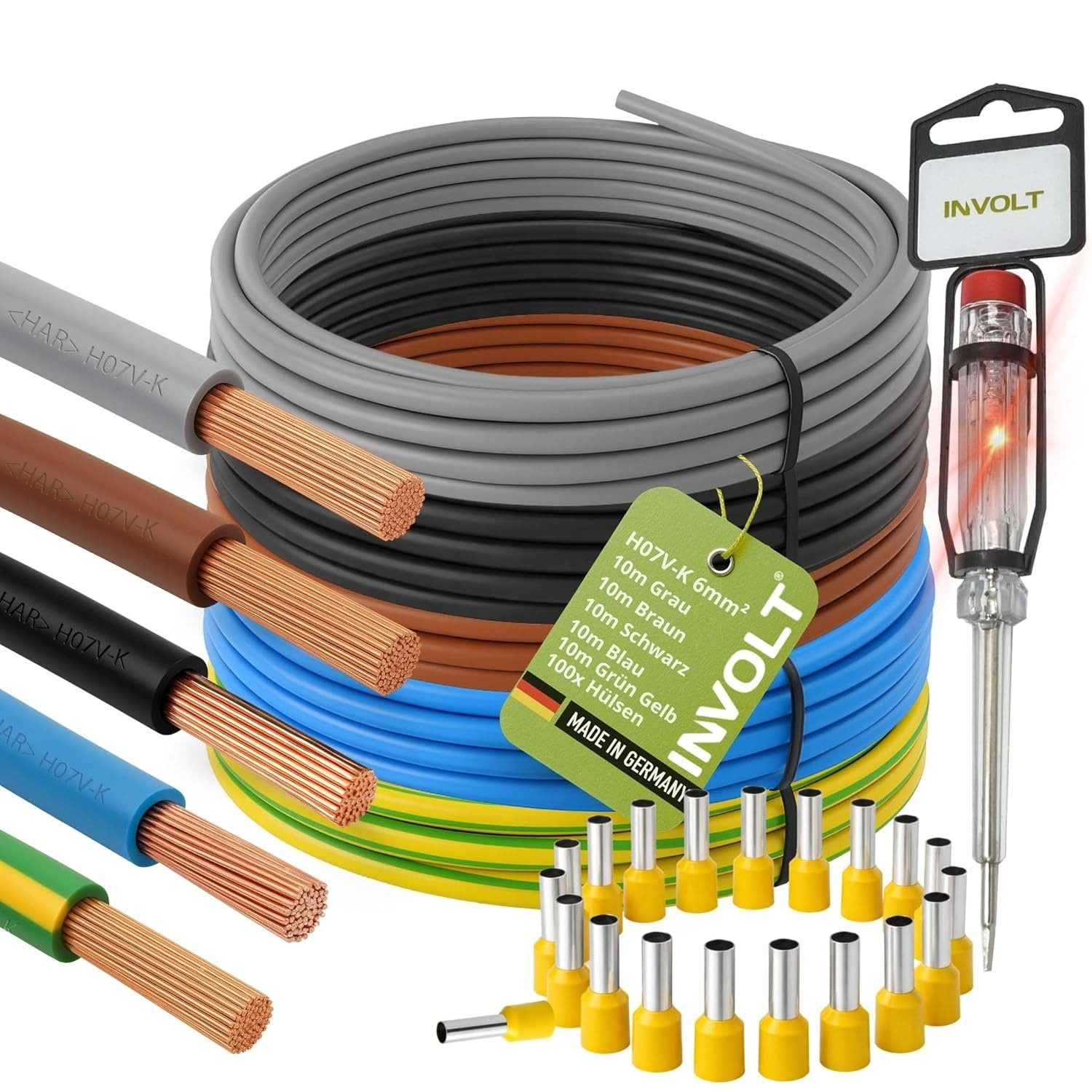 INVOLT H07V-K 6 mm² Verdrahtungsleitung 5x 1m Set, Hülsen + Spannungsprüfer Stromkabel