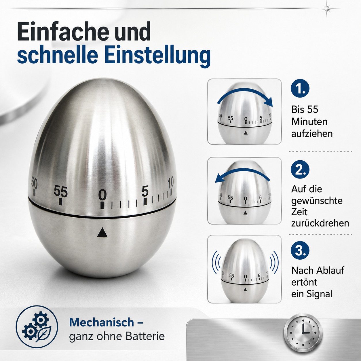 Fyrove Intervall-Timer Mechanische batterielose Edelstahl 60 Min Timer Küche Werkzeug (Set, mechanische Rotation, keine Batterie erforderlich), Timer, Küchentim – Bild 3 von 5