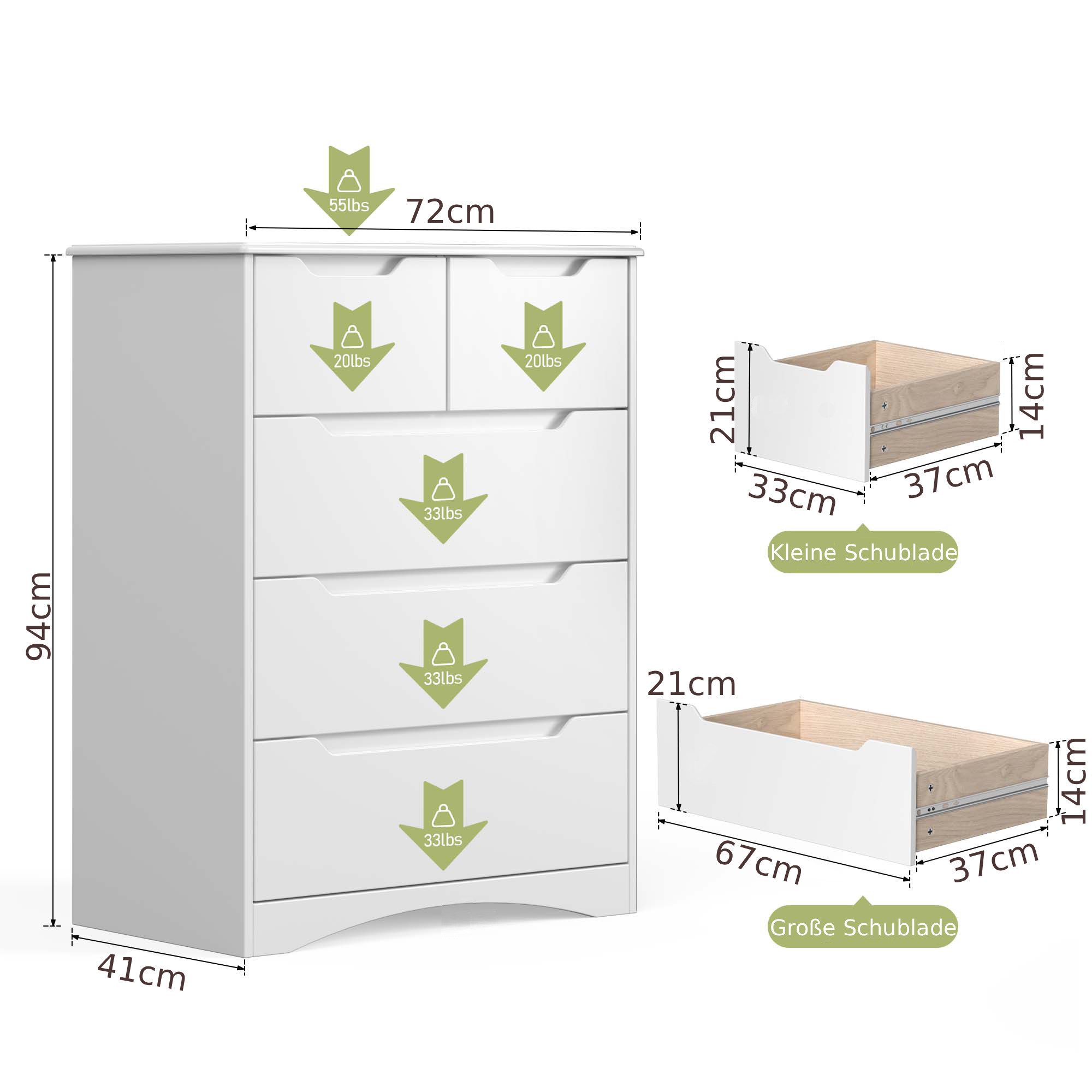 Blishom Kommode 5 Schubladen, Schlafzimmerkommode Holz, 72 x 41 x 94 cm, Sideboard Wohnzimmer mit Kippschutz