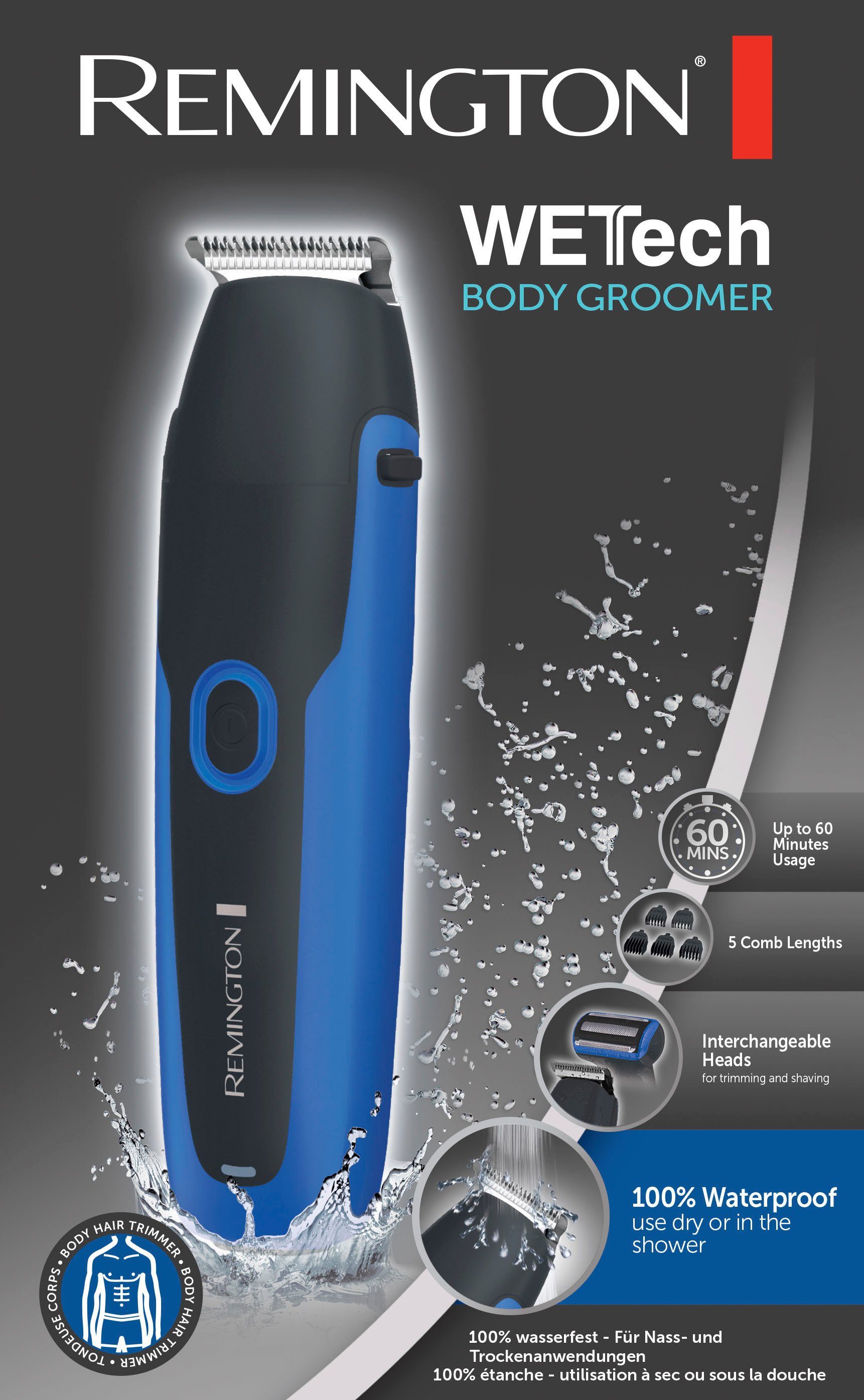 Remington Multifunktionstrimmer BHT6256 WETTech Body Trockenanwendung Groomer, für WETTech & Groomer, Nass Body