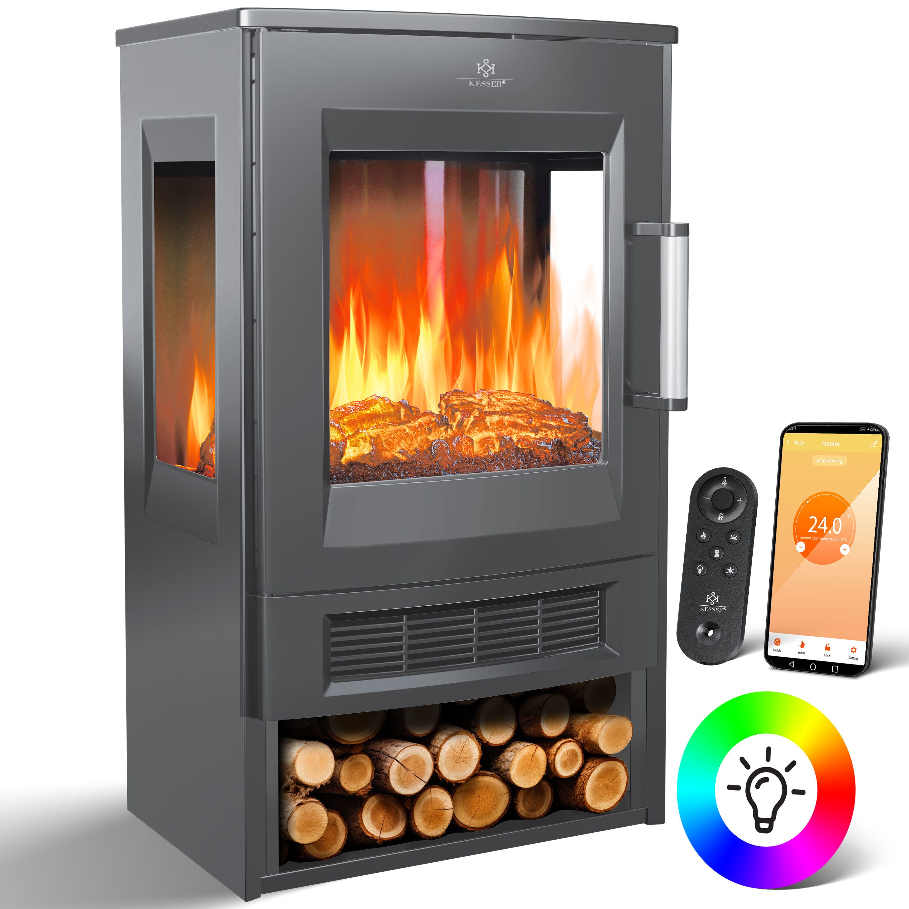 KESSER Elektrokamin, mit Heizung Panorama-Sichtfenster Heizlüfter 9 LED-Fla günstig online kaufen