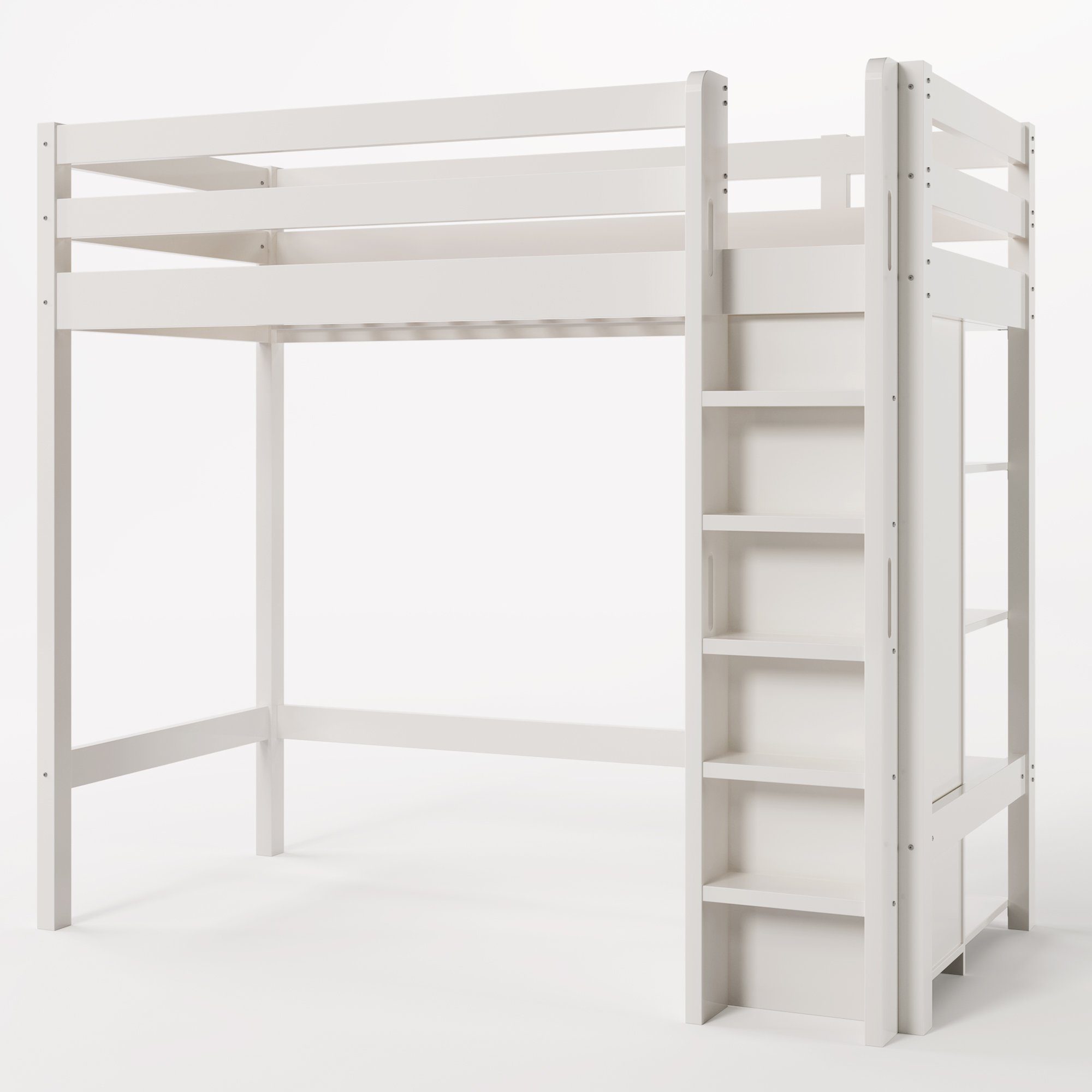 Hochbett (Stauraumbett Liegefläche 90x200 cm mit Kleiderschrank) Kinderbett mit Lattenrost, aus massivem Kiefernholz