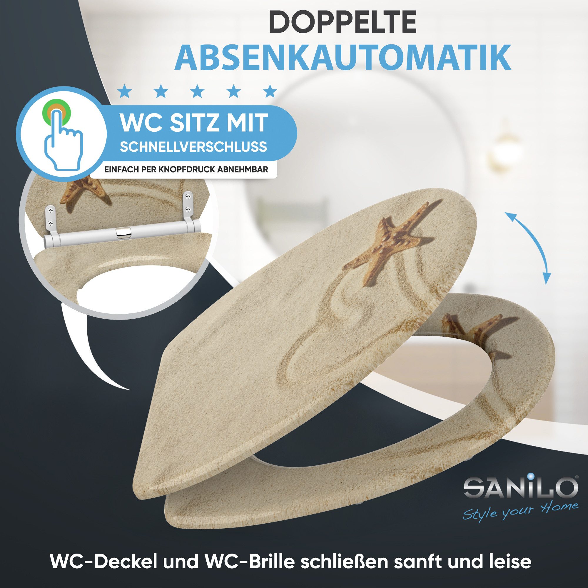 Sanilo WC-Sitz Sandy mit Absenkautomatik & Quick Release, Premium Toilettendeckel, abnehmbar, leichte Montage von oben