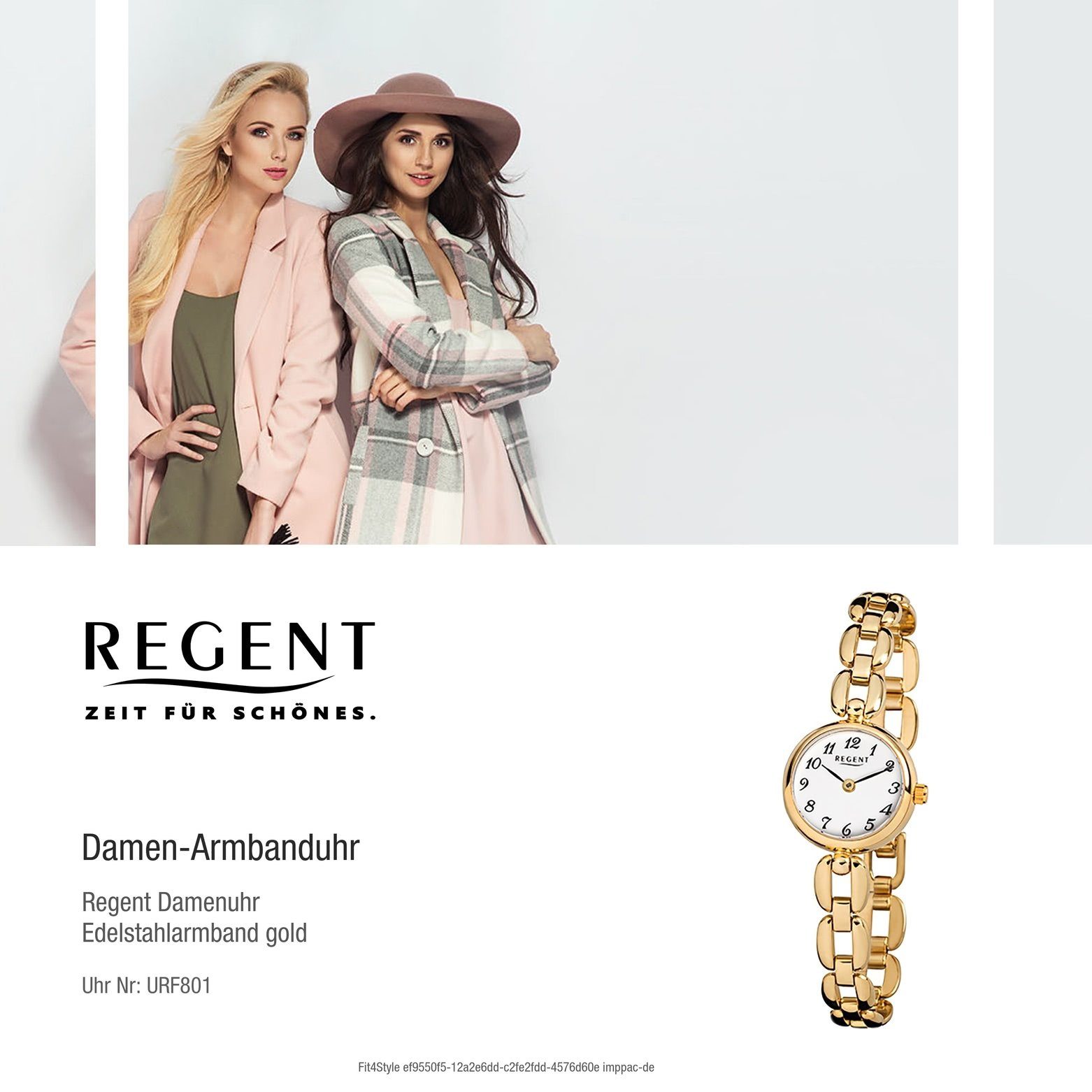 Armbanduhr (ca. Damen-Armbanduhr gold Analog ionenplattiert rund, Damen F-801, Regent klein Regent Quarzuhr 20mm), Edelstahl,