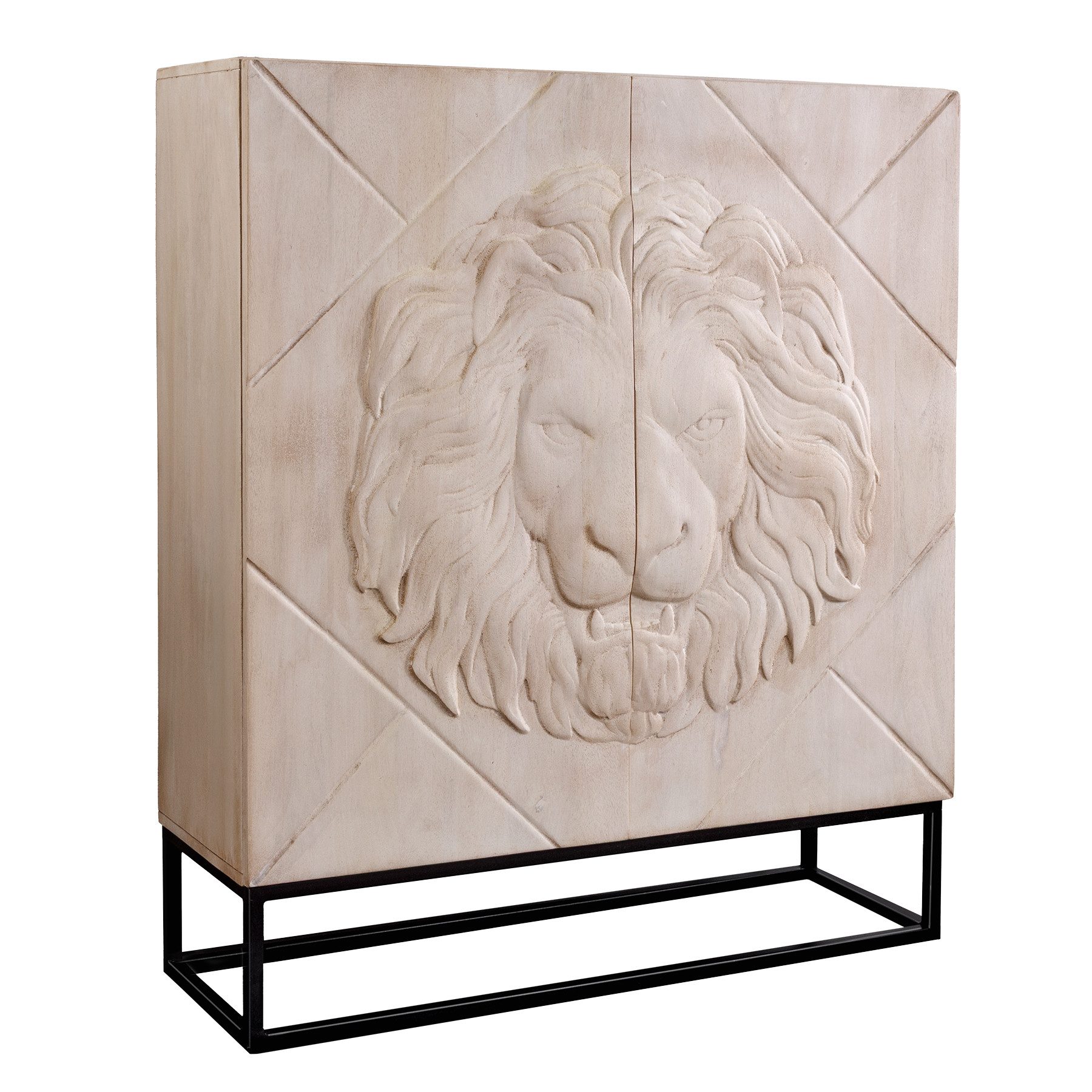 riess-ambiente Highboard LION 120cm creme/schwarz - Mango-Massivholz, Metall, 3D-Schnitzereien (Einzelartikel, 1 St), fertig montierter Schrank - ideal für Wohn- und Schlafzimmer oder Loft