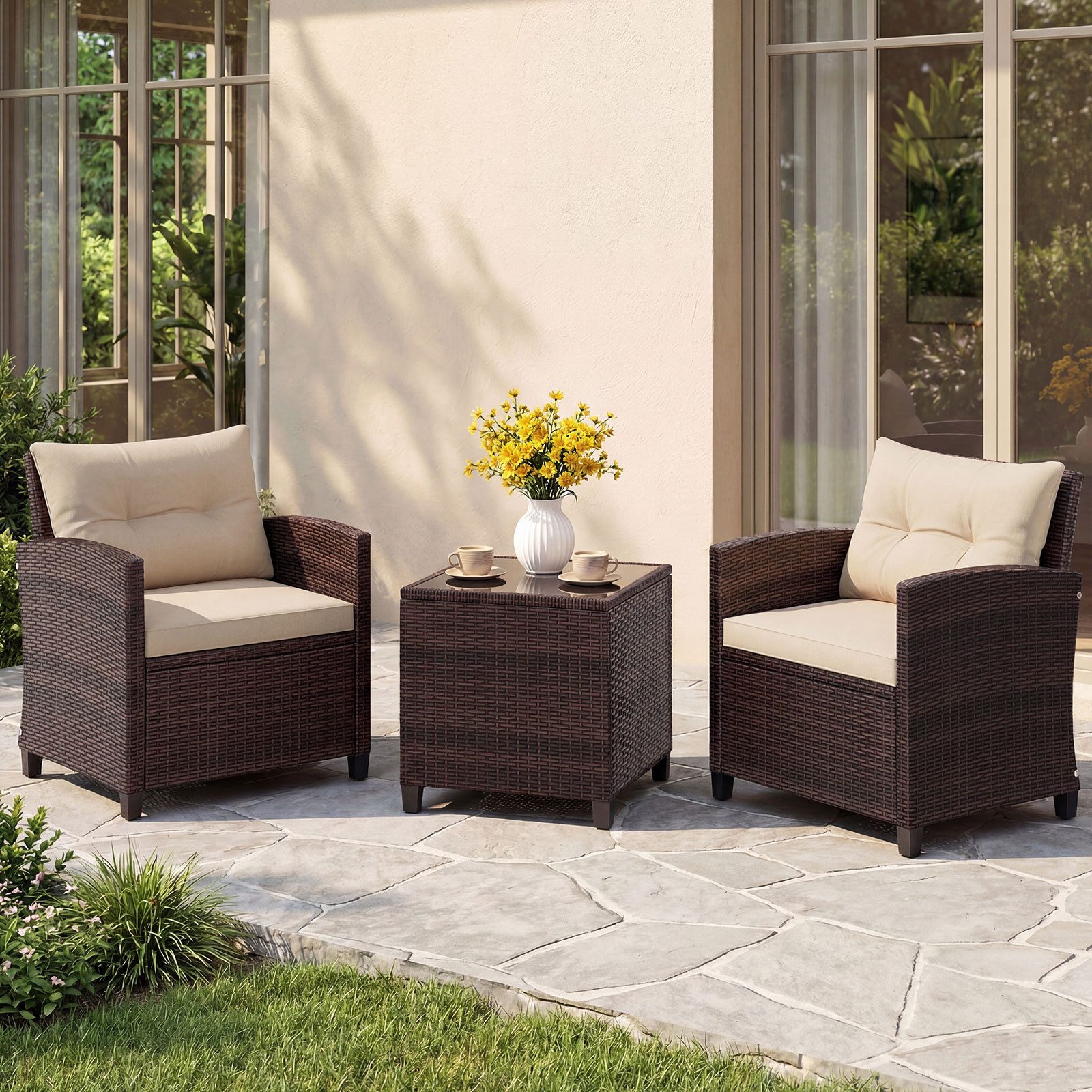 COSTWAY Gartenlounge-Set, (3-tlg., 2 Sessel & 1 Tisch), Rattan mit Kissen, Balkonset