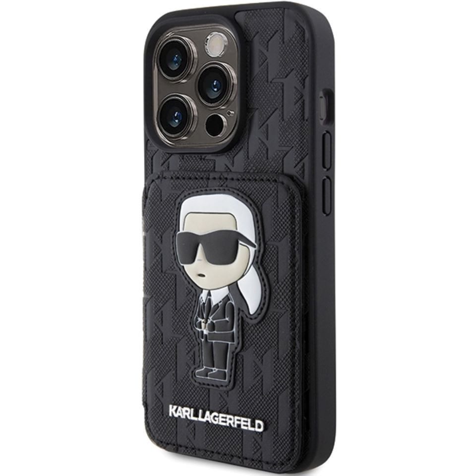 KARL LAGERFELD Handyhülle Case iPhone 15 Pro Max aufstellbar Kunstleder schwarz 6,7 Zoll, Kantenschutz