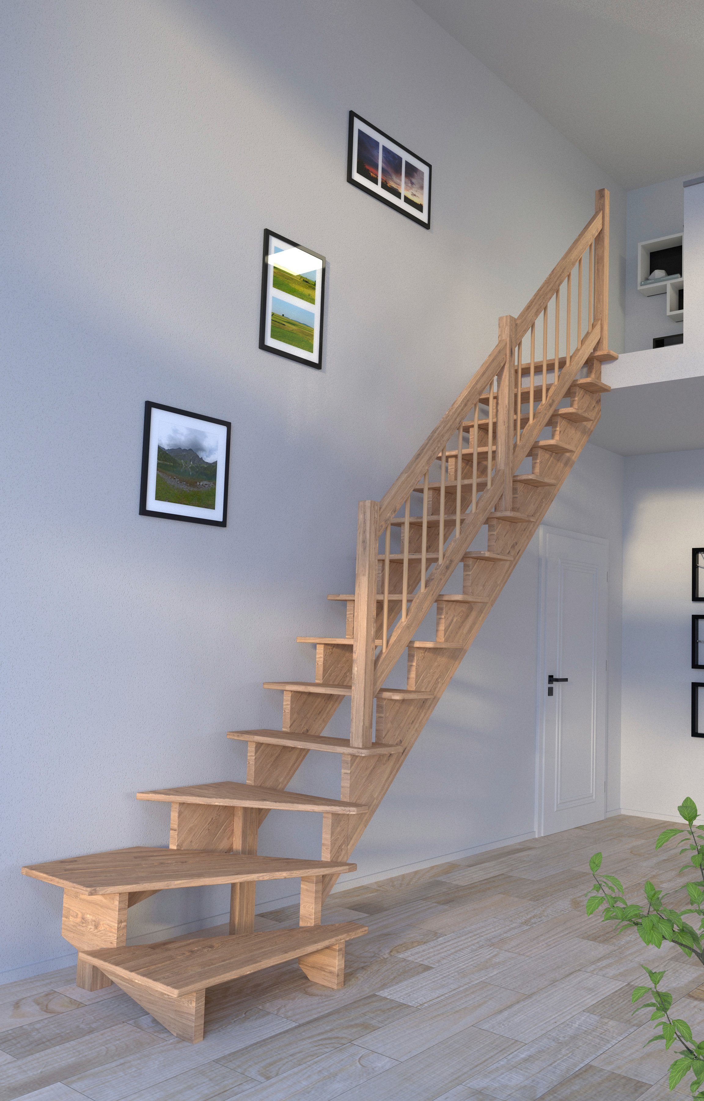 offen, 300 Starwood Stufen Systemtreppe Geschosshöhen Lindos, gewendelt Rechts, Wangenteile cm, Durchgehende für Design Holz-Holz bis Geländer, Massivholz