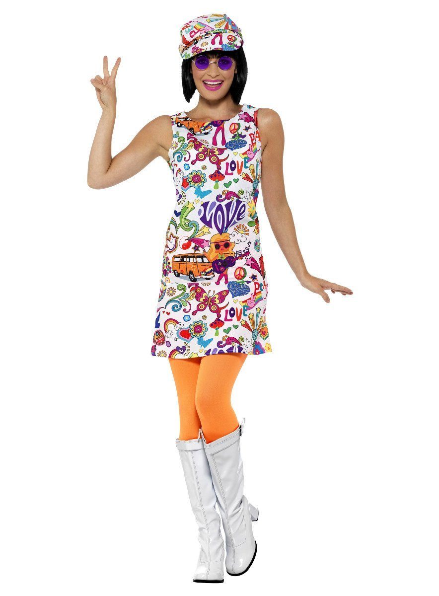 Smiffys Hippie-Kostüm Swinging Sixties Minikleid - Kostüm für Fasching, Hippiekleid für den Summer of Love