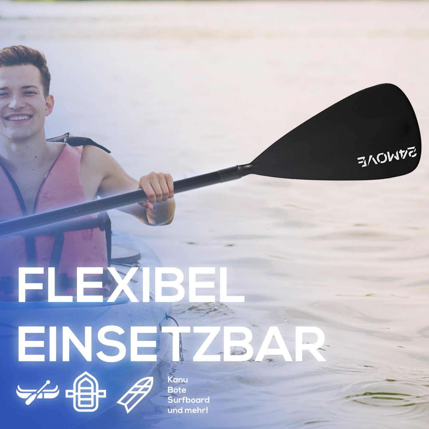 24Move Einzelpaddel Paddel, Teleskopstange, Stechpaddel für SUP, schwarz SUP-Paddel, (robust und rostfrei, geeignet für Einsteiger, Fortgeschrittene, Profis), für Stand Up Paddeling, Kajak, Segeln, Rudern