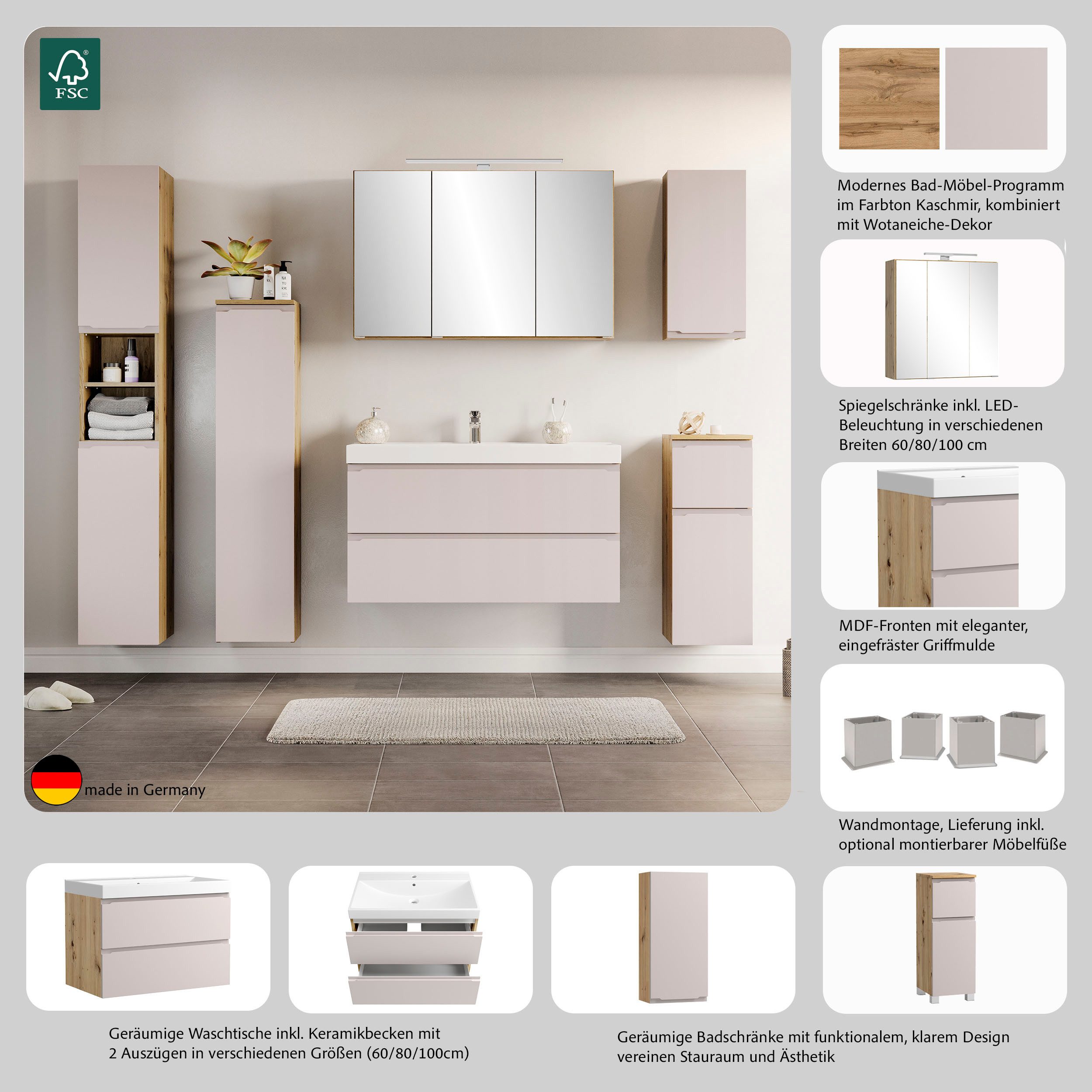welltime Waschtisch CABO, Waschtisch, Kaschmir, griffloses Design