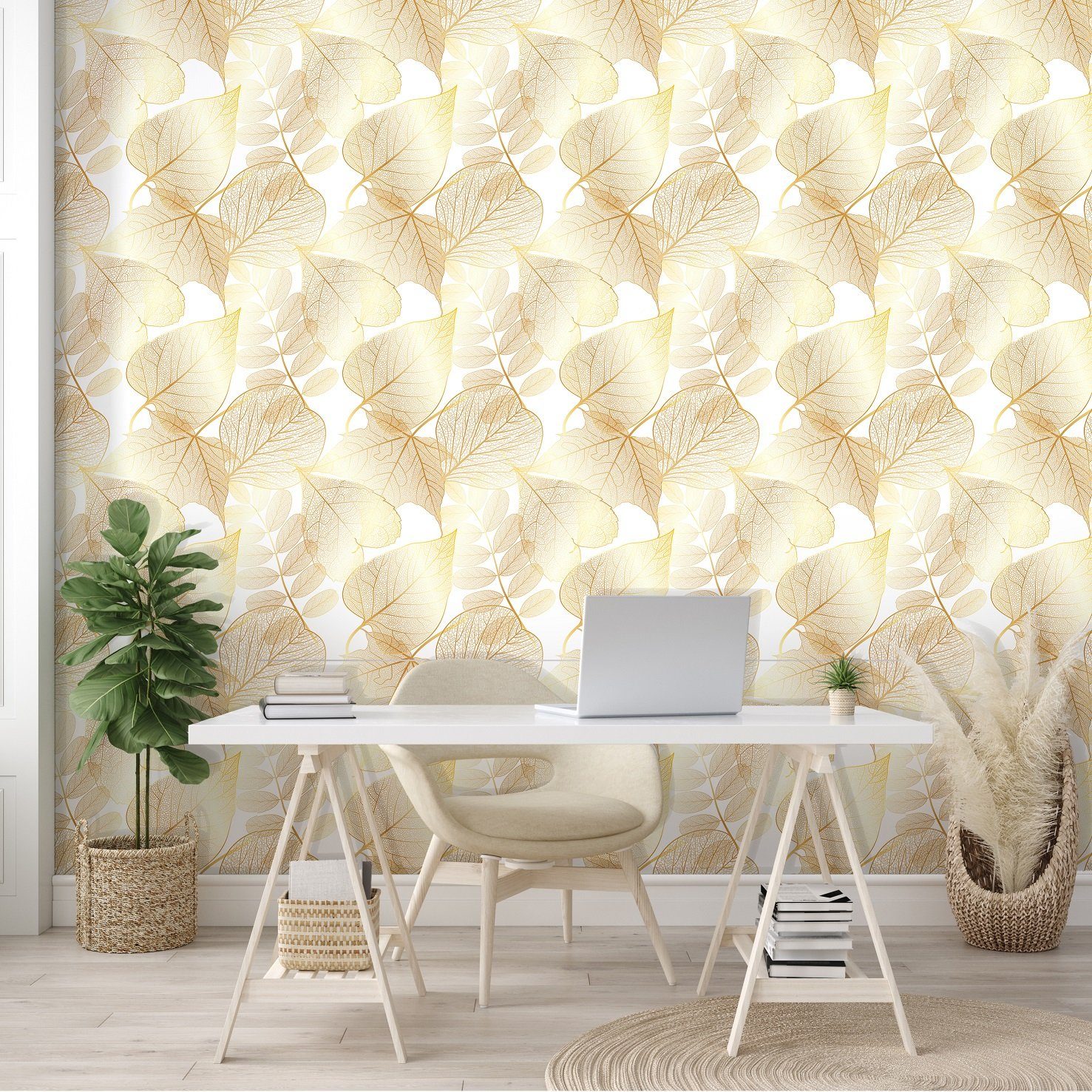 Wallarena Vliestapete Blätter Gold Pflanzen Wohnzimmer günstig online kaufen