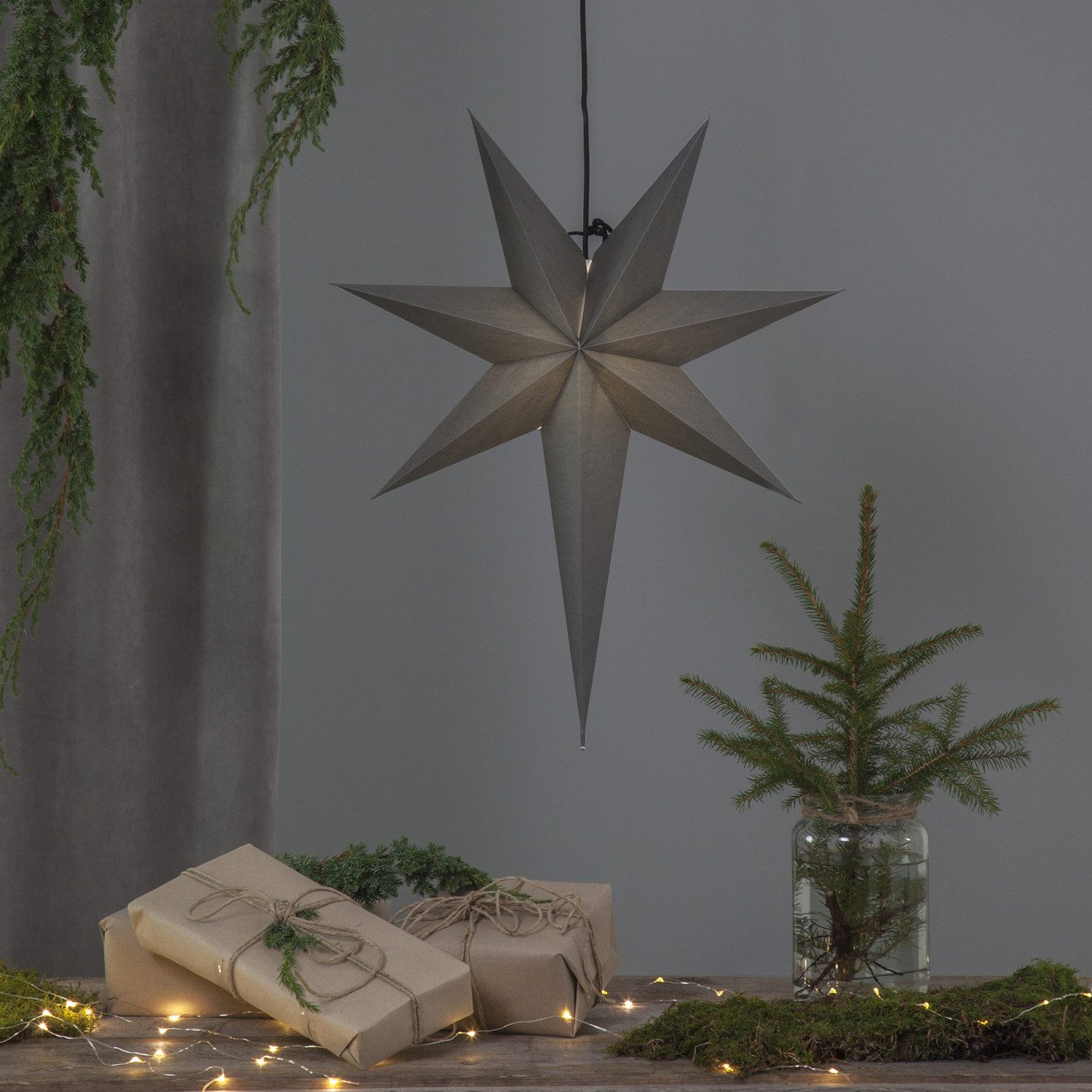 STAR TRADING LED Stern Papierstern Leuchtstern Faltstern 7-zackig hängend 55cm mit Kabel grau