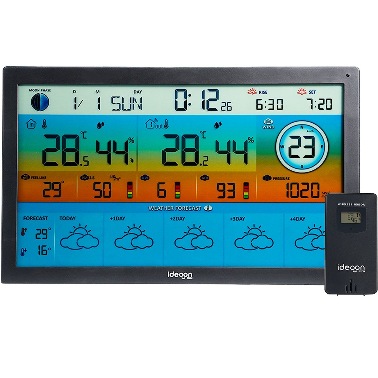 shop'n smile ideoon WLAN Funkwetterstation XXL UV Farbdisplay Thermometer Hygrometer Funkwetterstation (40 cm Display, WLAN/Tuya App, 5-Tage-Trend, Luftqualität & Wetterdaten)
