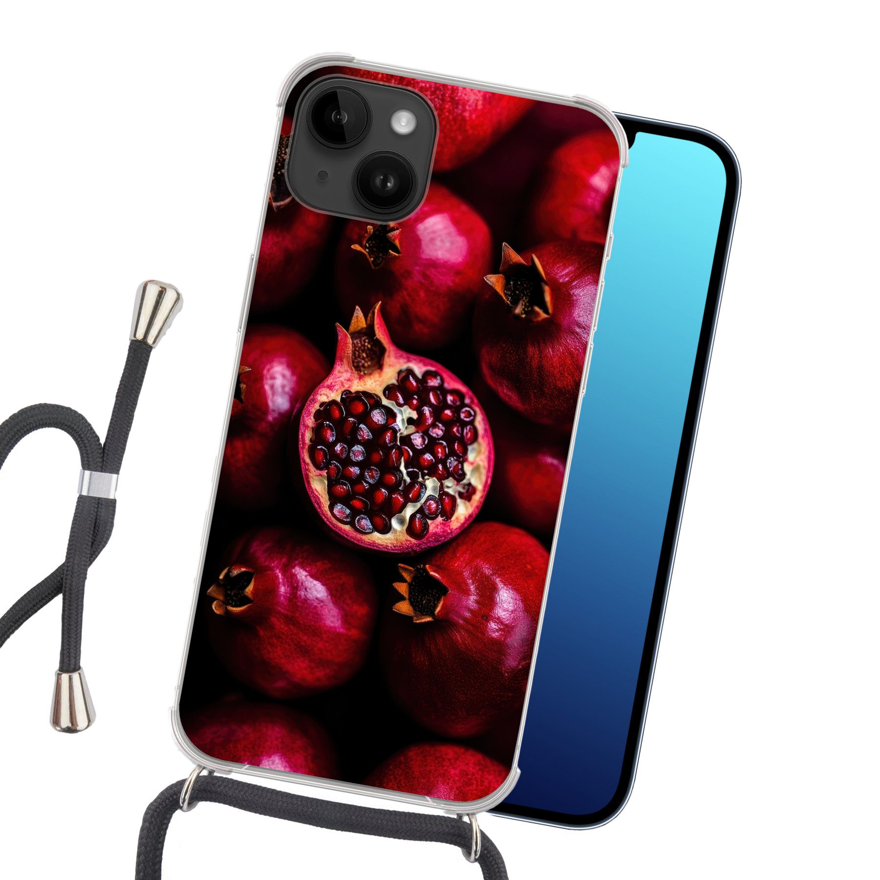 MuchoWow Handyhülle für Apple iPhone 14 Granatapfel - Rot - Obst, Tragbare Handyhüllen mit Kette zum umhängen, Handykette Handyband