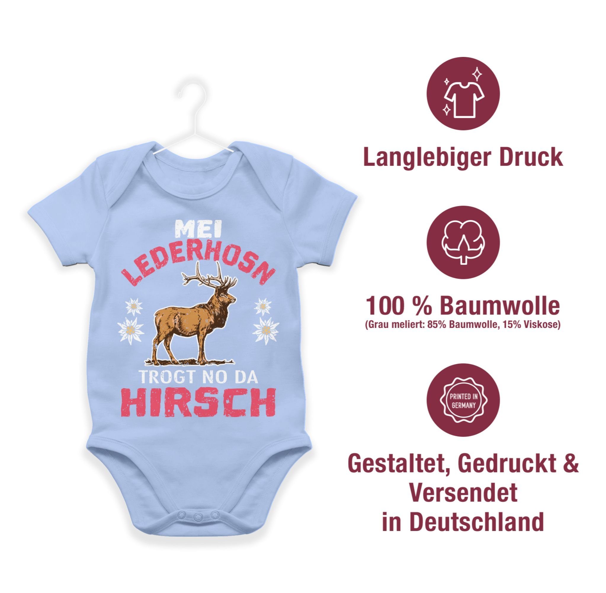 Hirsch Outfit trogt Babyblau da no für Shirtracer Oktoberfest - 3 Mode Mei Shirtbody weiß/rot Lederhosn Baby