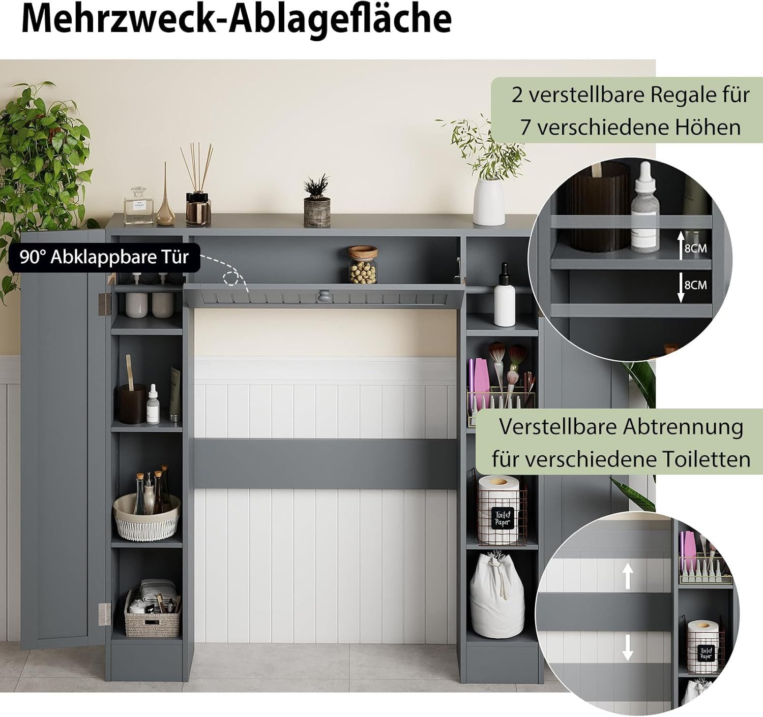 KOMFOTTEU Fächerschrank Toilettenregal Badezimmerregal Standregal, 98 x 87 x 18 cm – Bild 3 von 5