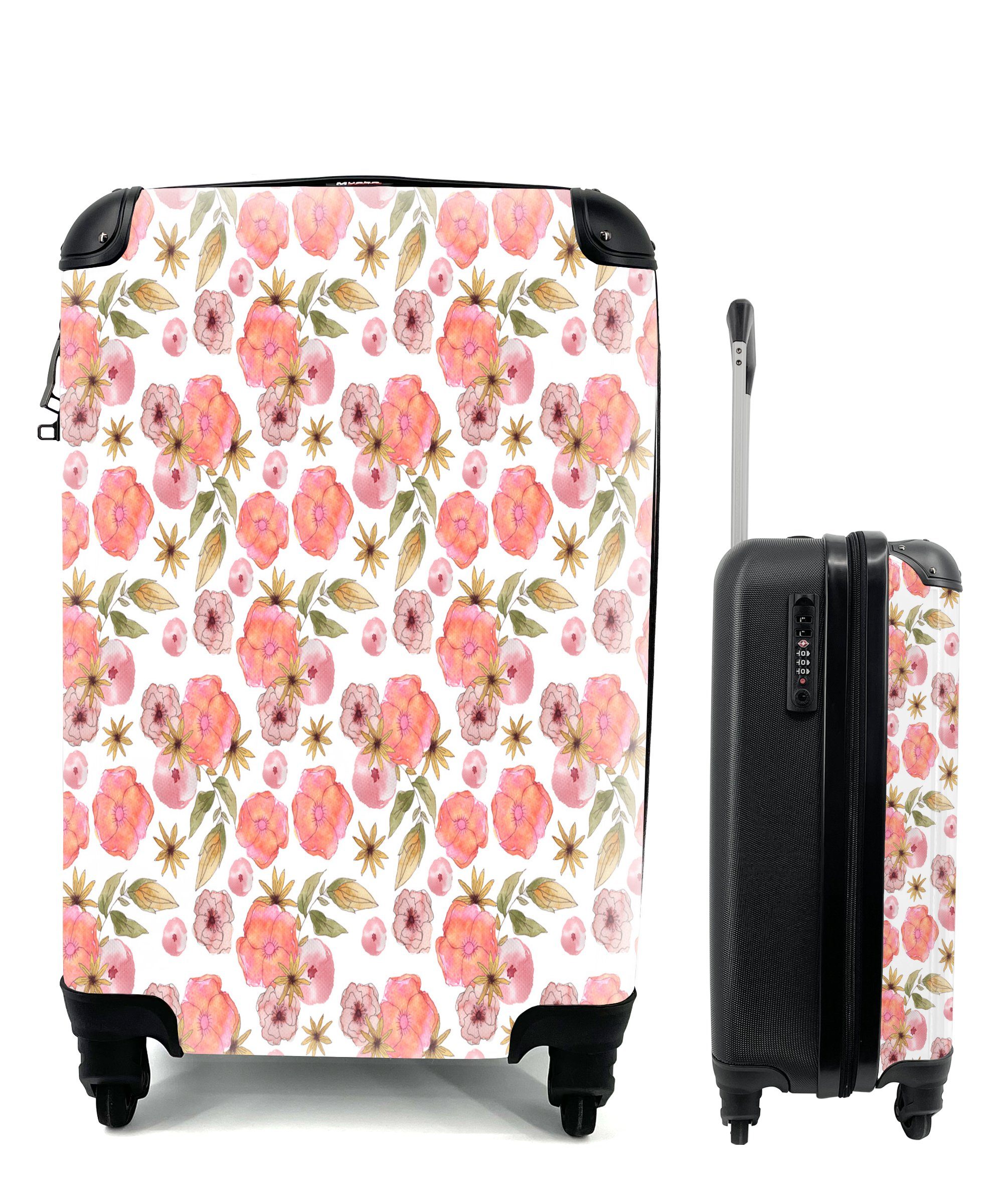 - Handgepäckkoffer 4 Trolley, mit für rollen, Handgepäck Reisekoffer Ferien, Rosa Reisetasche Blumen - Rollen, Muster, MuchoWow