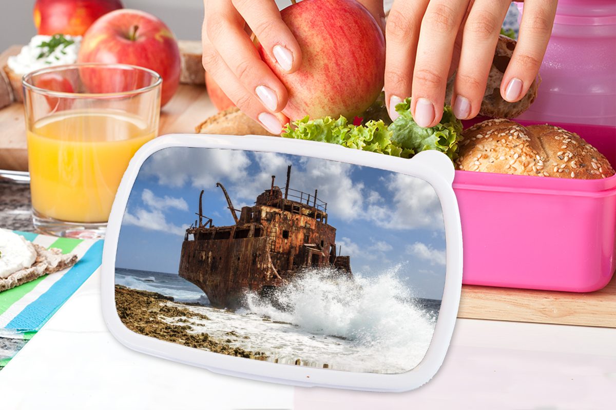 MuchoWow Lunchbox Öltanker auf dem für Mädchen, Brotbox Brotdose Meer Snackbox, Erwachsene, Klein Kunststoff, Curaçao, Kunststoff (2-tlg), Kinder, vor rosa